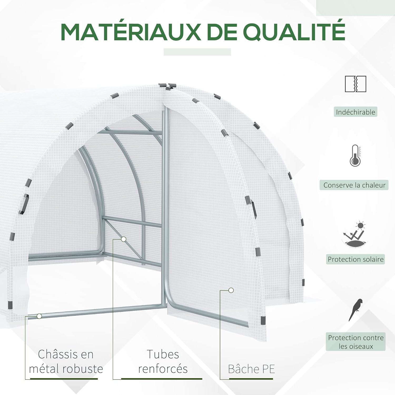 Outsunny Garden Greenhouse Tunnel Ground Surface 12 m² 4L x 3W x 2H m Reinforced Tubular Frame 25 mm Double Door with Handles White