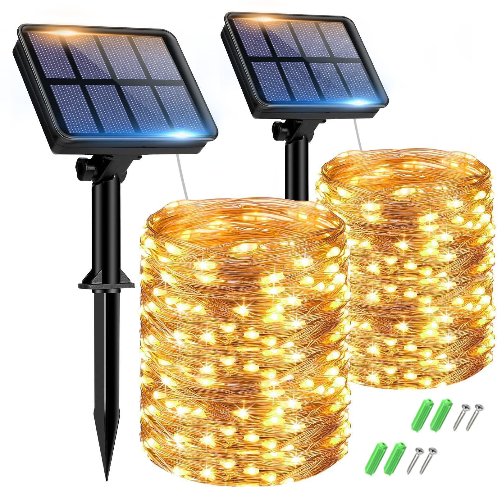 Set of 2 Solar String Lights Outdoor, Total 16 m, 160 LED, Waterproof, 8 Modes Decoration for Garden, Patio, Yard, Christmas, Wedding, Party, Warm White