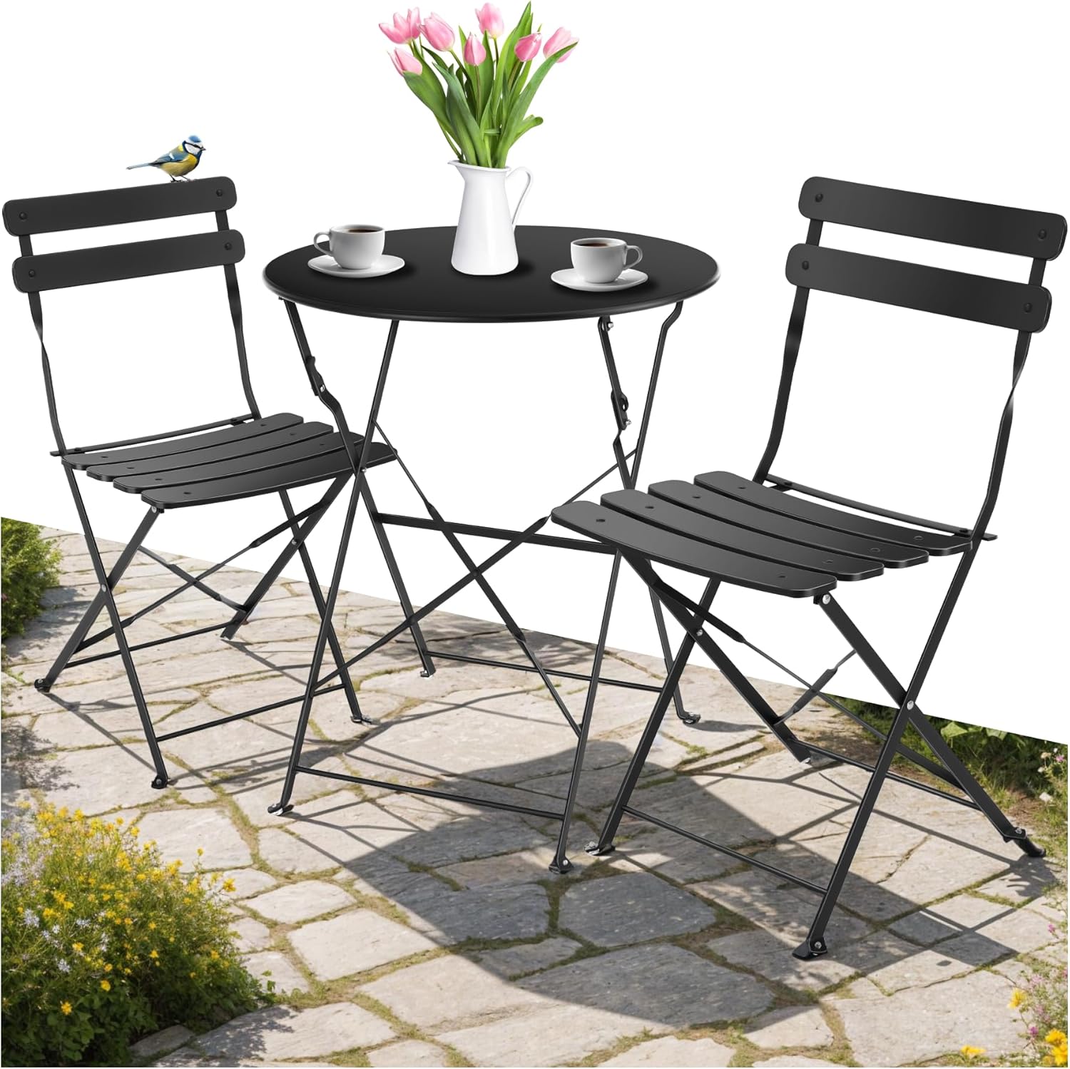 tectake Round Table and Folding Chairs Bistro Table Bar Outdoor Garden Lounge Set for 2 People, Epoxy Steel Structure, Garden Furniture, Balcony, Terrace, Garden Furniture