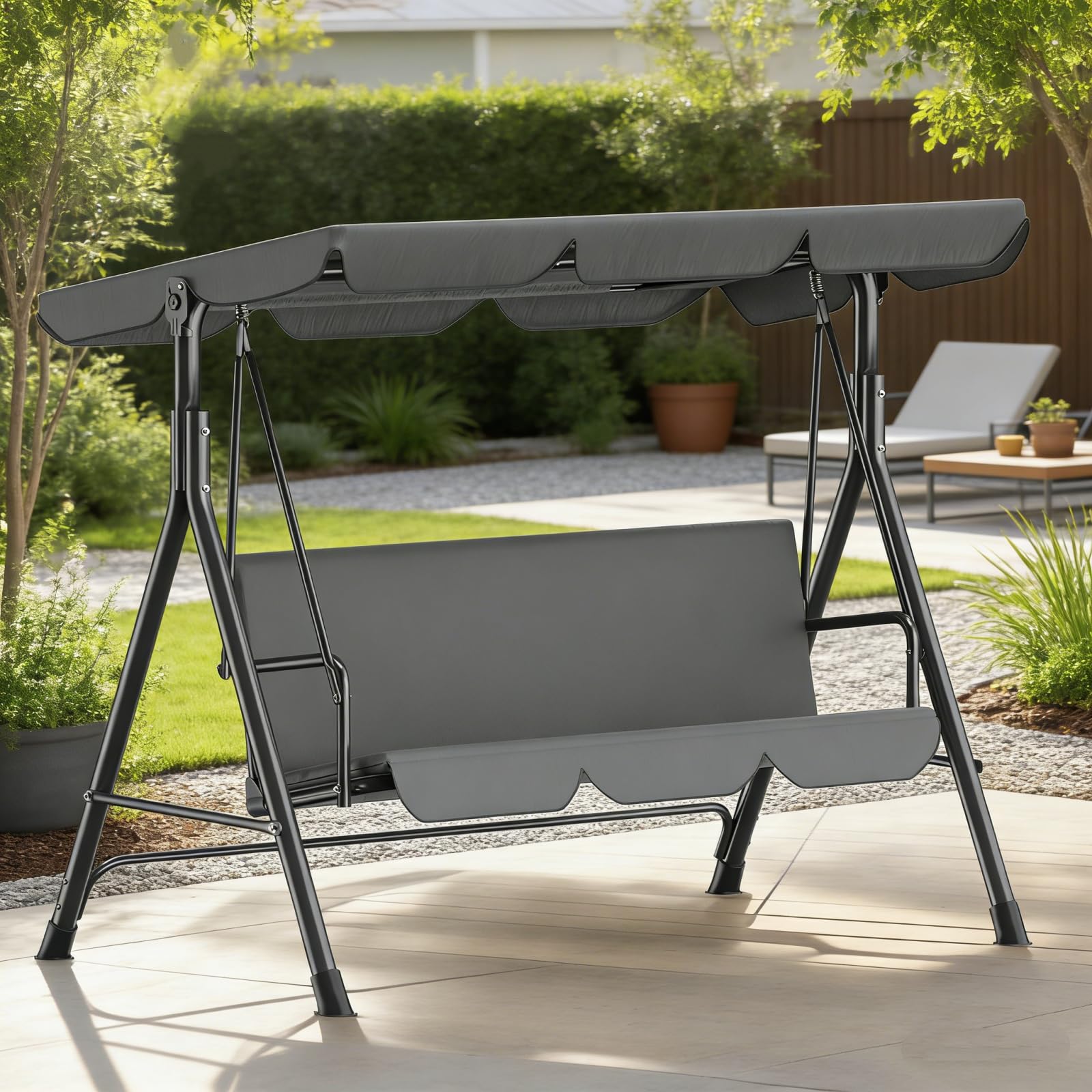 Balancelle de Jardin 3 Places avec Toit Réglable, Exterieur Balançoire de Jardin Imperméable Protection UV, Hollywoodienne Balancelle 220 KG Charge 175 x 110 x 152cm, pour Terrasse, Gris