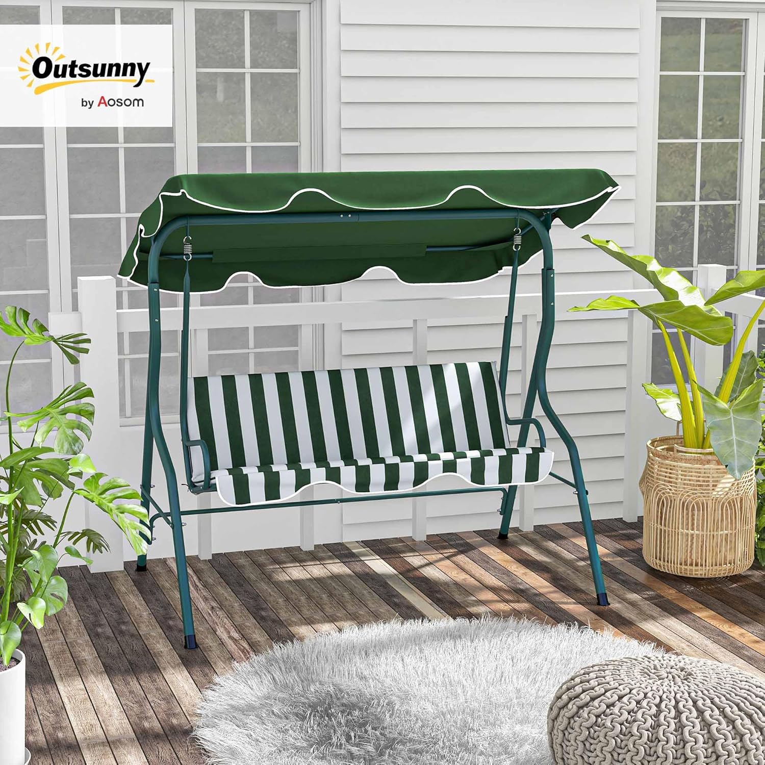 Outsunny Garden Swing Seat with 3 Seater Waterproof Roof Adjustable Tilt Cushions Seat Back 1.7L x 1.1W x 1.53H m Steel Polyester Green White Striped