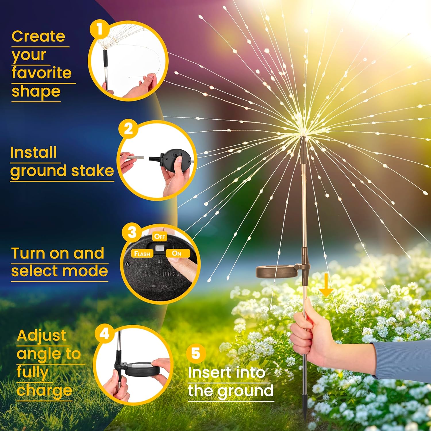GIGALUMI Set of 4 Solar Outdoor Garden Lights, 120 LED Solar Fireworks, Waterproof Solar Dandelion Lamp for Yard, Lawn, Party, Patio, Wedding Decoration (Warm White)