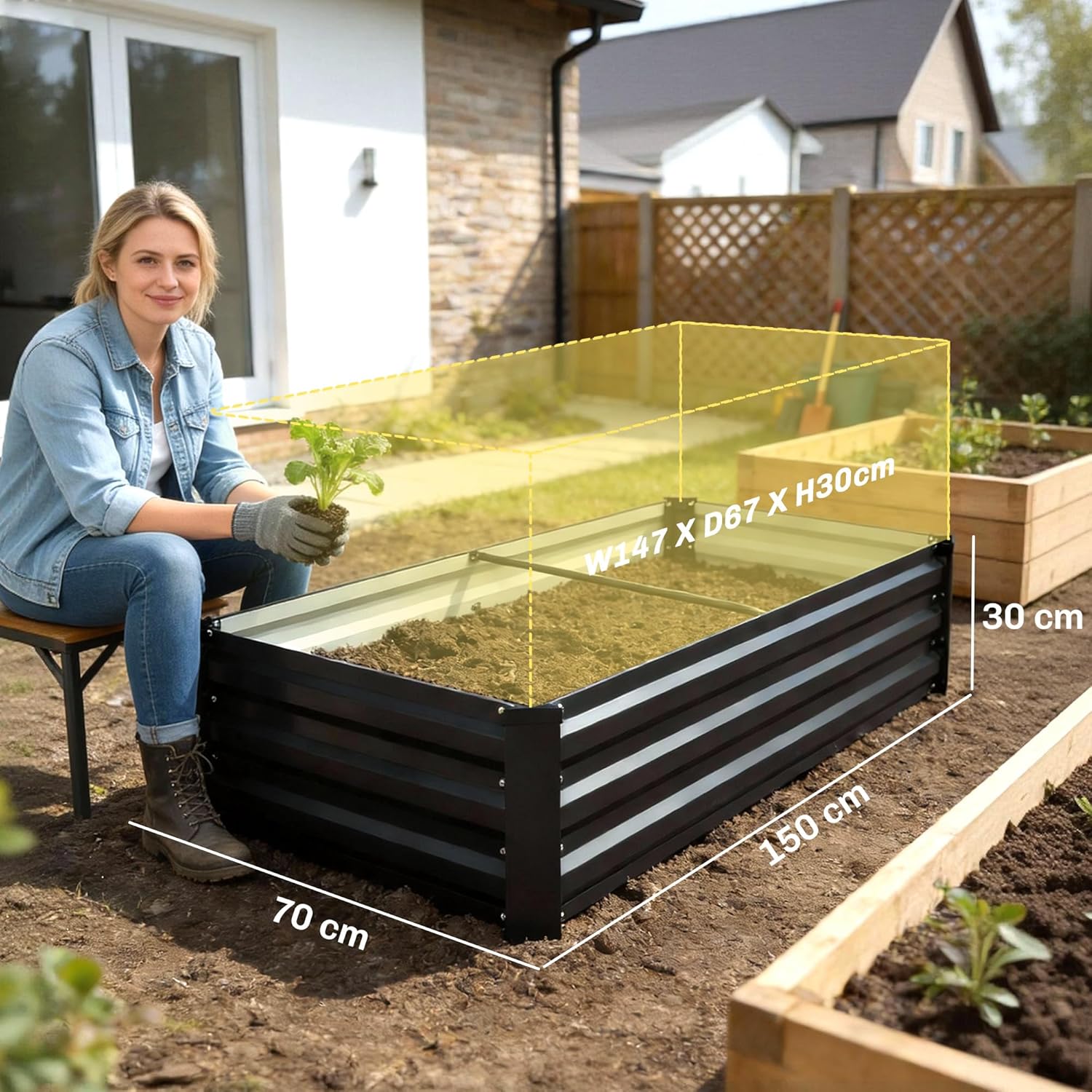 Outsunny Rectangular Steel Garden Planter with Safety Border and Open Bottom, 150L x 70W x 30H cm, Dark Grey