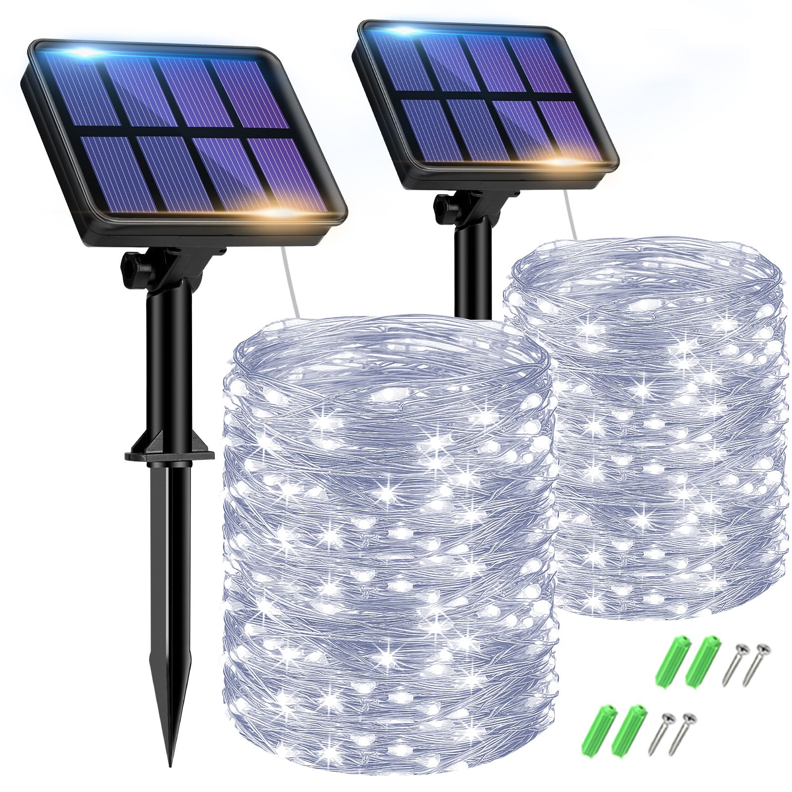 Set of 2 Solar String Lights Outdoor, Total 16 m, 160 LED, Waterproof, 8 Modes Decoration for Garden, Patio, Yard, Christmas, Wedding, Party, Warm White