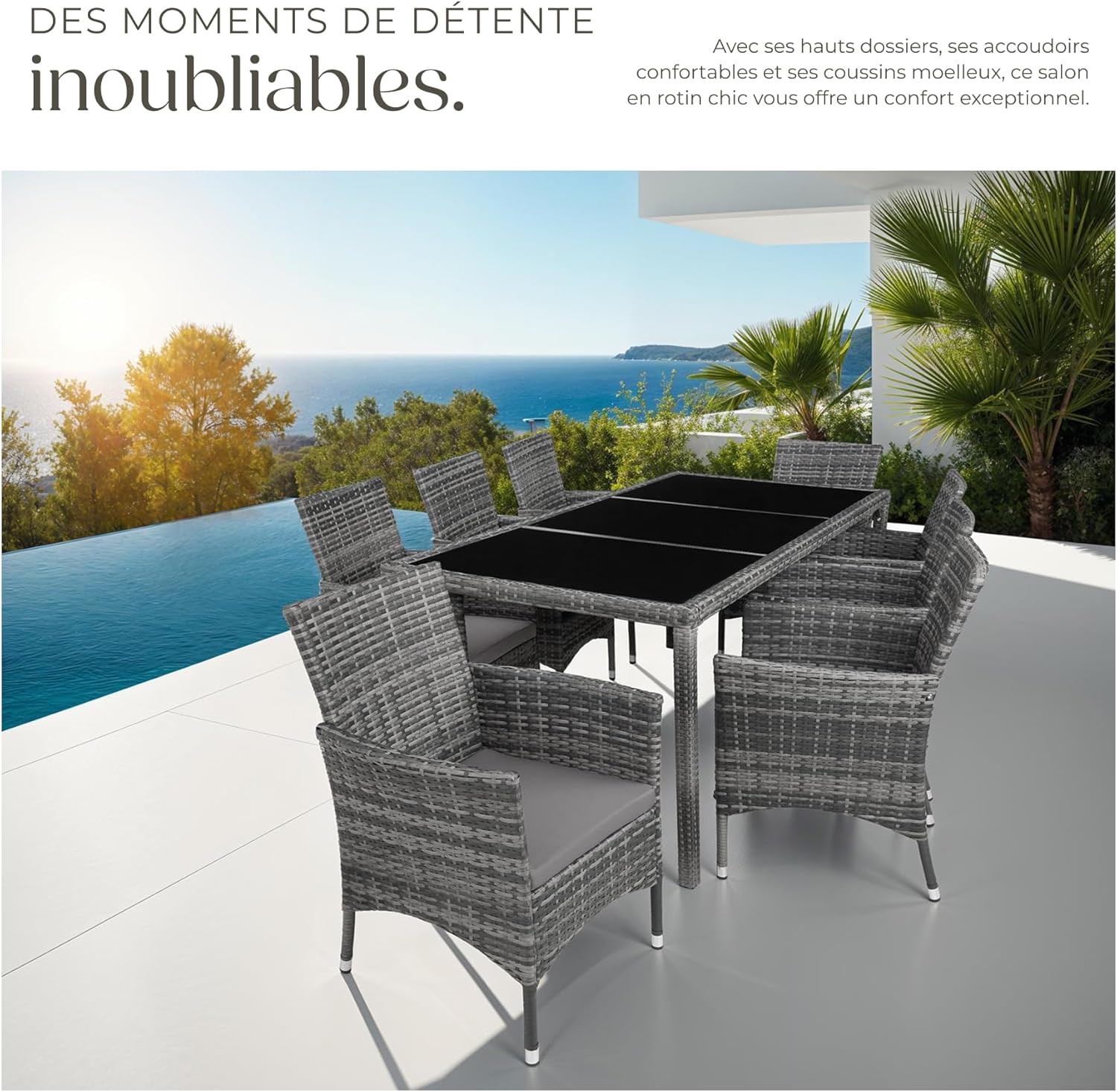 tectake Outdoor Poly Rattan Garden Furniture Set - Table, 8 Comfortable Armchairs, Protective Cover - Furniture for Balcony and Patio - Grey Mottled / Grey