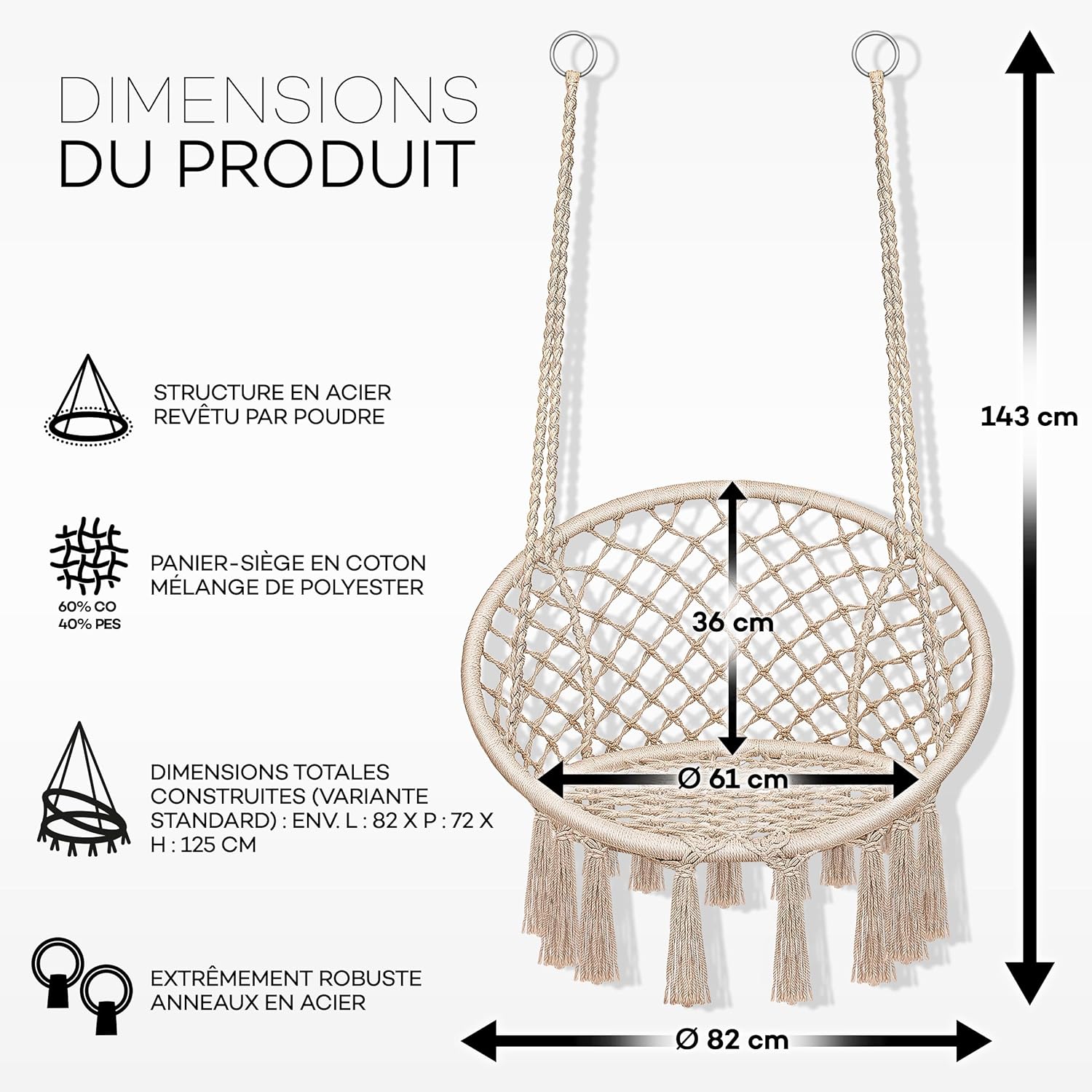 tillvex Hammock Hanging Chair 200 kg | Fringed Relax Chair - Indoor and Outdoor | Hammock with Comfortable Seat Cushions | Suspension Kit