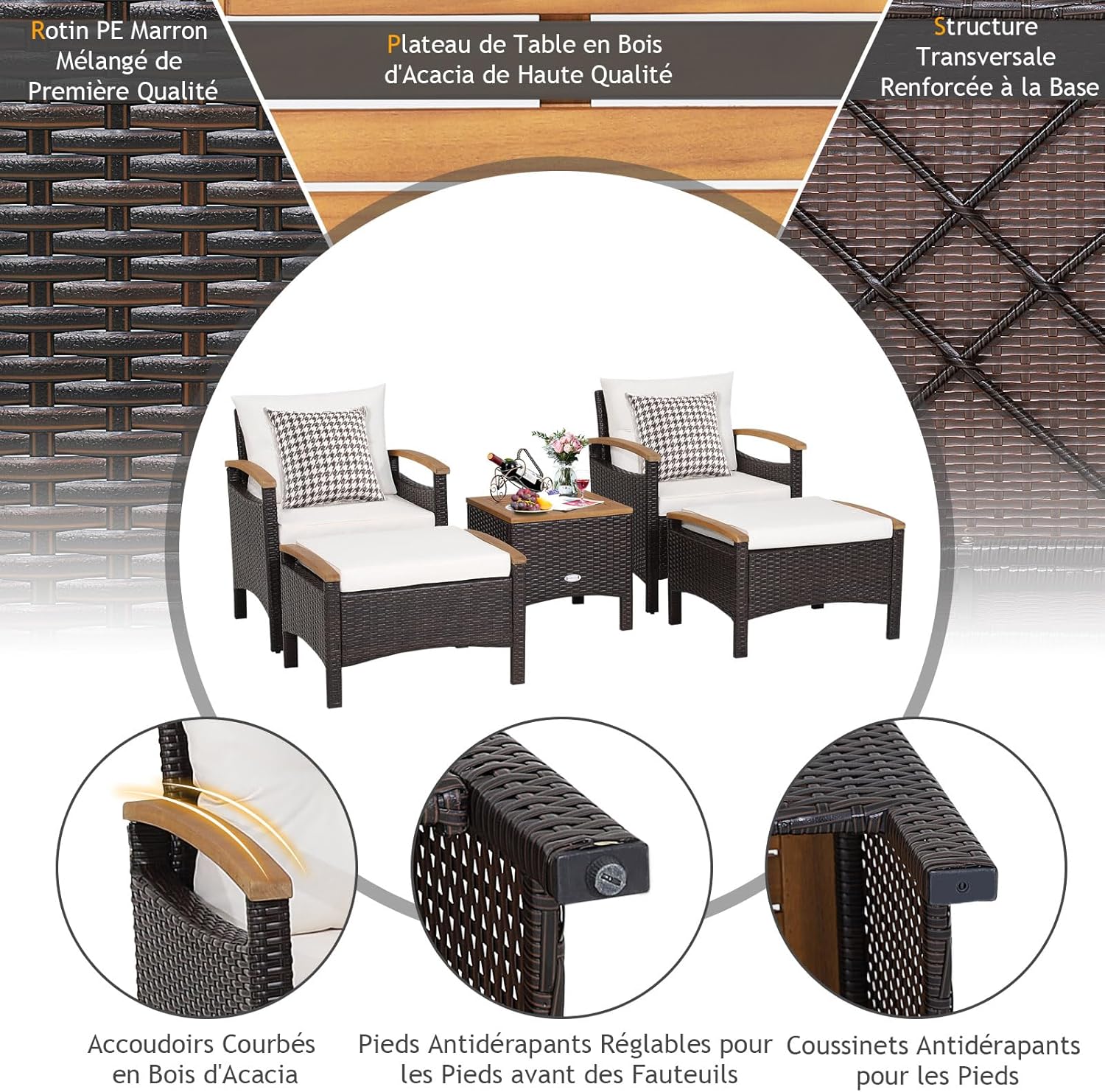 GIANTEX Outdoor Garden Furniture 2-4 Person 5 Pcs Resin Garden Chairs with Coffee Table, 2 Stools/Footrest, Cushions, Non-Slip Feet, Garden Furniture for Patio, Balcony