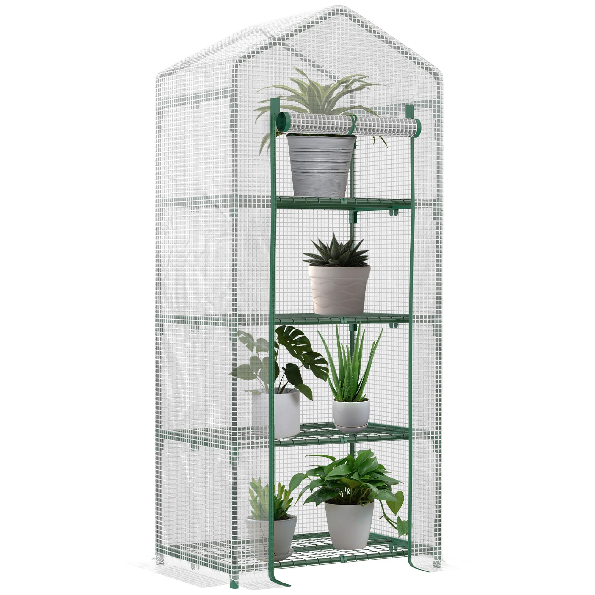 Outsunny PE Garden Greenhouse with Shelves 4 Levels, Balcony Greenhouse, Reinforced Tarpaulin 140 /m², Steel Frame, Roll-Up Zip Door, for Vegetables Plants, Indoor Outdoor, 70 x 50 x 160 cm, Green