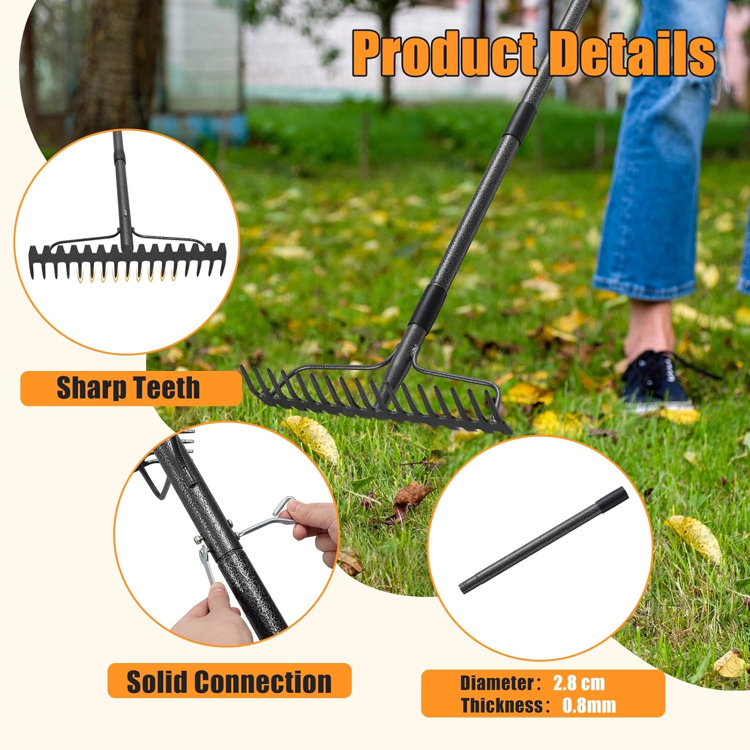 Bow Rake 17 Teeth Metal Rake Heavy Duty 4FT Garden Rake with Stainless Steel Handle, Grey