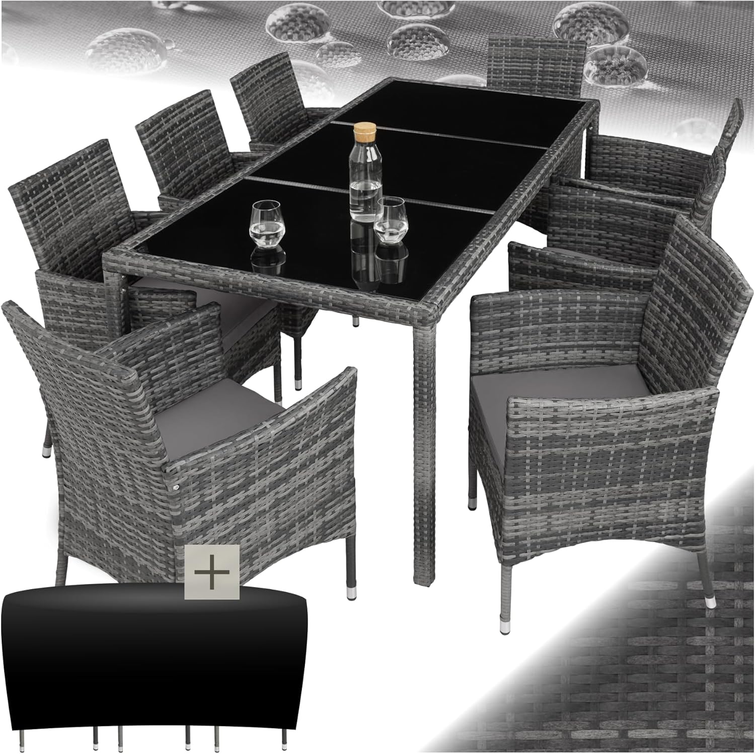 tectake Outdoor Poly Rattan Garden Furniture Set - Table, 8 Comfortable Armchairs, Protective Cover - Furniture for Balcony and Patio - Grey Mottled / Grey