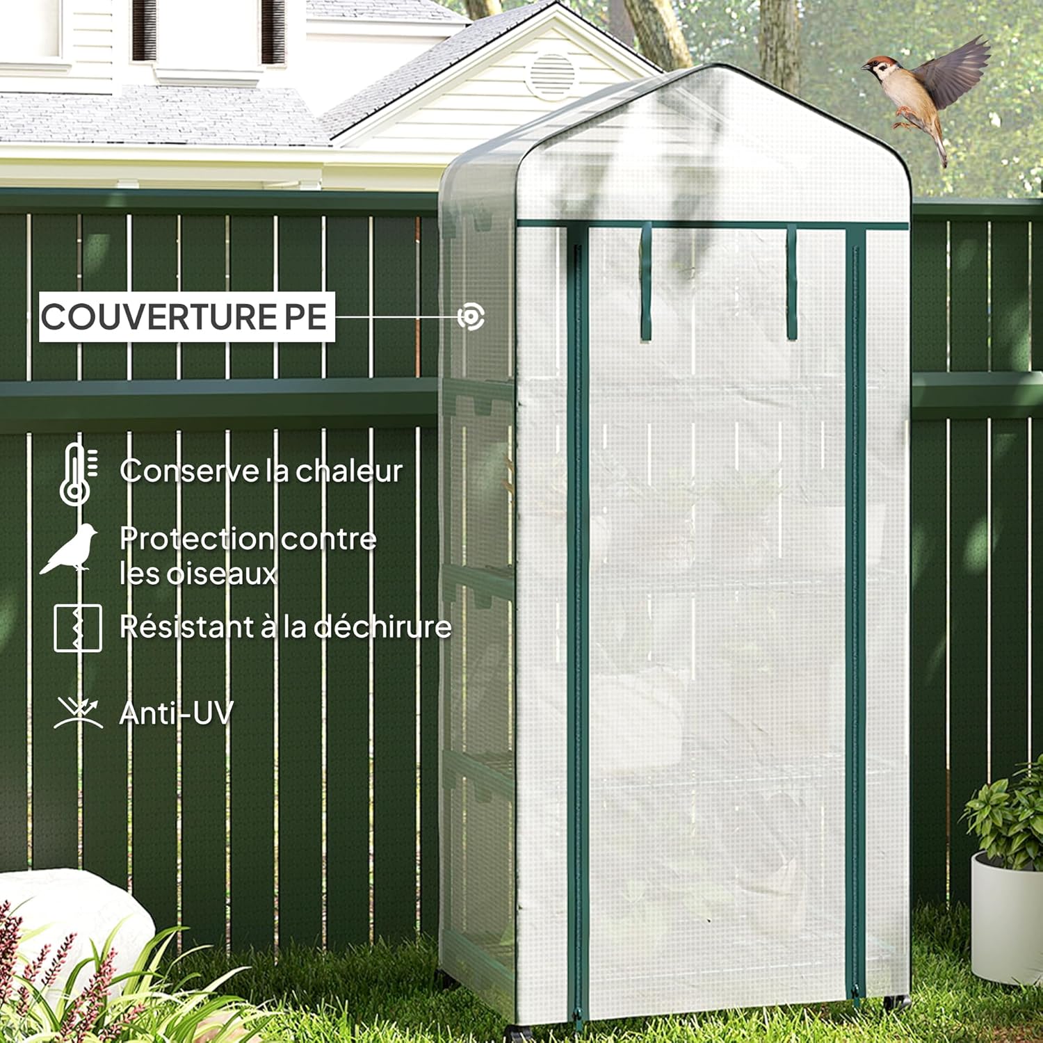 Outsunny Garden Greenhouse with Shelves 4 Levels, Balcony Greenhouse, Reinforced Tarpaulin, Steel Frame, Zip Door, for Vegetables Plants Flowers, Indoor and Outdoor, 69 x 50 x 165 cm, White