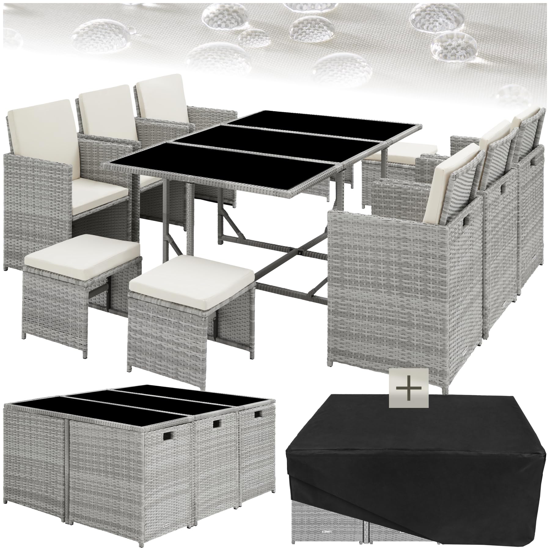 tectake Poly Rattan Outdoor Resin Woven Garden Furniture Table 10 Person 6 Rattan Chair 4 Recessed Pouffe Stool with Protective Cover, Easy Care