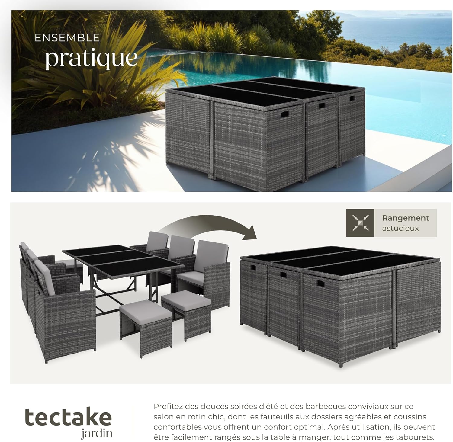 tectake Poly Rattan Outdoor Resin Woven Garden Furniture Table 10 Person 6 Rattan Chair 4 Recessed Pouffe Stool with Protective Cover, Easy Care