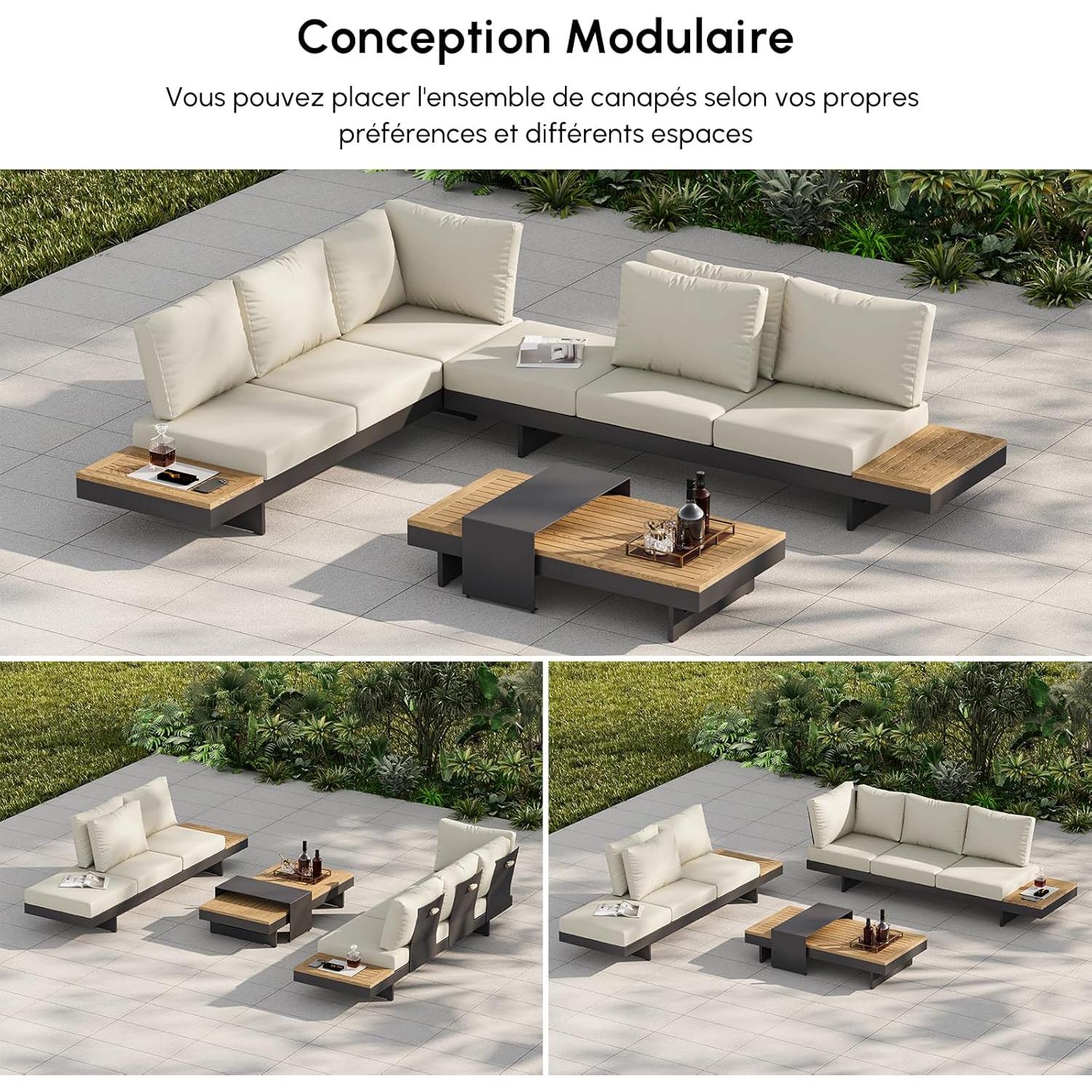 Homary Outdoor Garden Furniture for 6 People, Aluminium and Teak Outdoor Sofa Set Adjustable with Waterproof Cushions, Ideal for Patios and Balconies (Beige, Sofa Set)