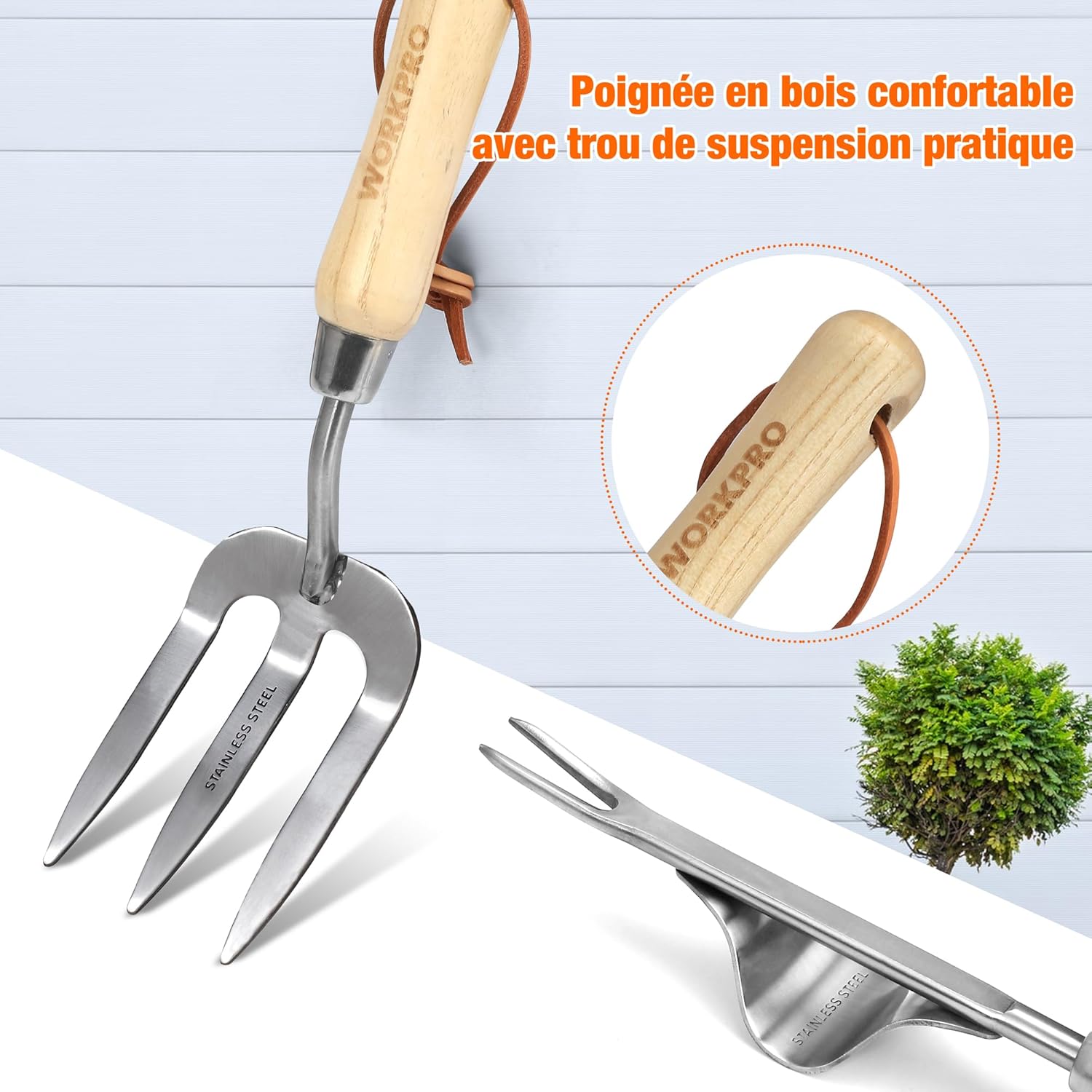 WORKPRO 8 Pcs Garden Tools Heavy Duty Stainless Steel Gardening Set with Wood Handle Pruning Shears Gloves Weeder Claw Fork Soil Shovel Transplanters for Gardener