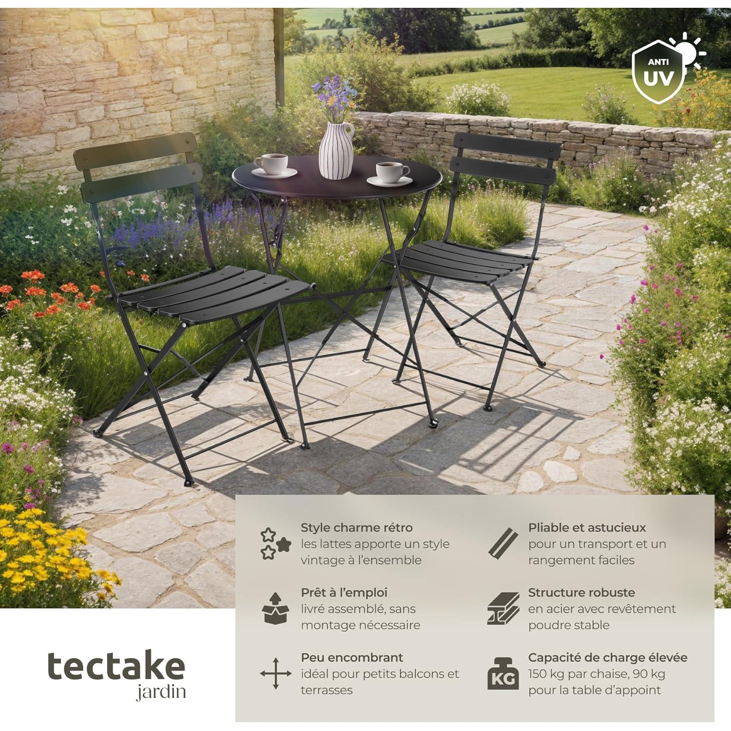 tectake Round Table and Folding Chairs Bistro Table Bar Outdoor Garden Lounge Set for 2 People, Epoxy Steel Structure, Garden Furniture, Balcony, Terrace, Garden Furniture