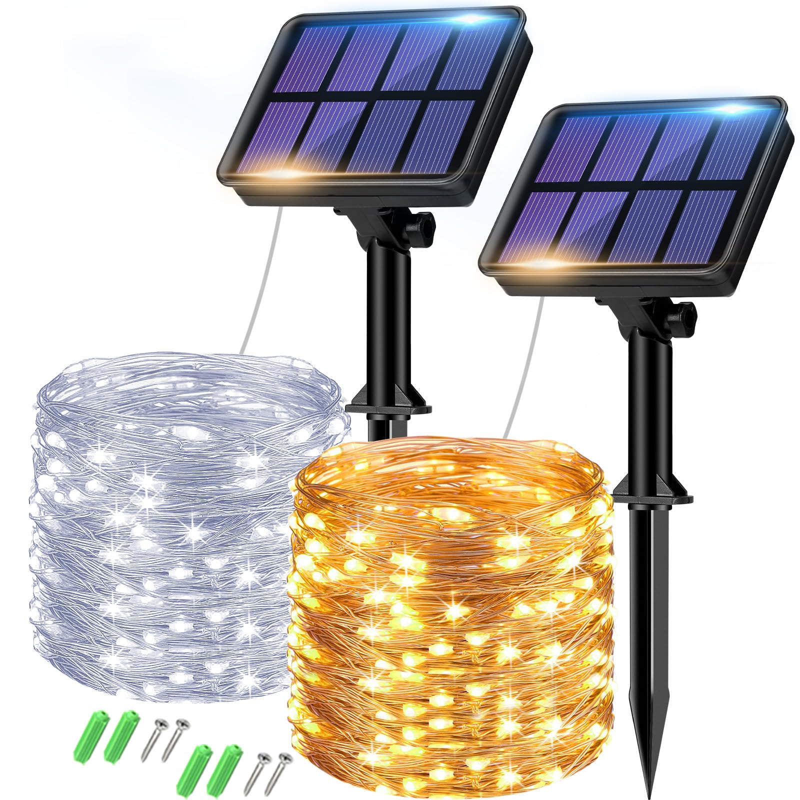 Set of 2 Solar String Lights Outdoor, Total 16 m, 160 LED, Waterproof, 8 Modes Decoration for Garden, Patio, Yard, Christmas, Wedding, Party, Warm White
