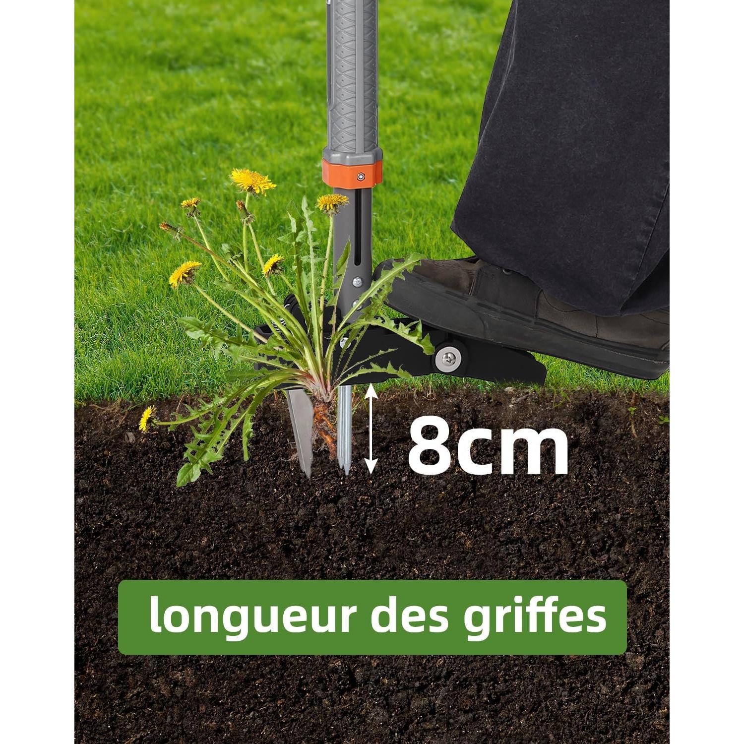 HAUSPROFI Weeder with telescopic handle (length 91 cm to 117 cm) + 50 litre garden bag, with 4 stainless steel claws, automatic return design