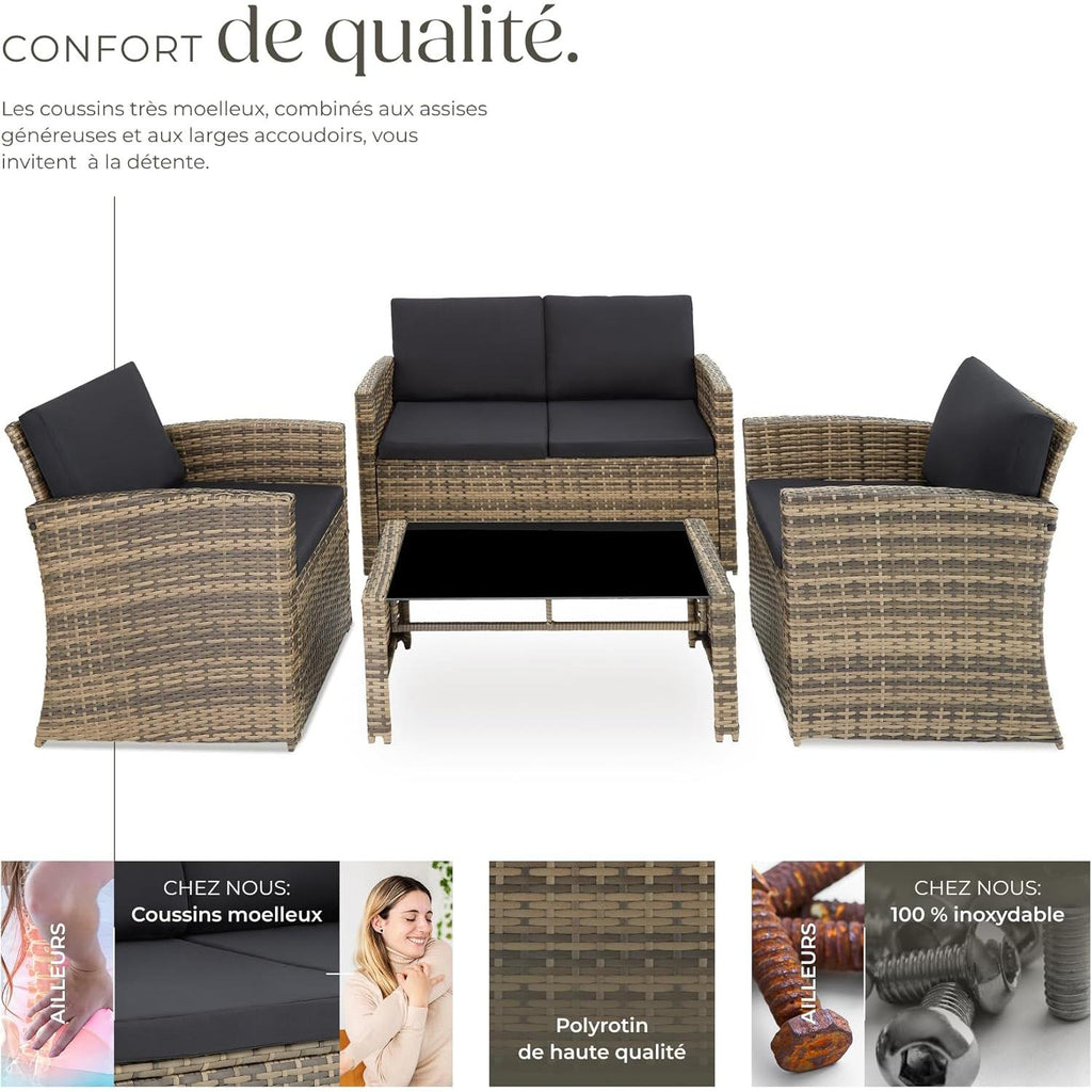 tectake 4 Seater Resin Outdoor Garden Furniture Set Garden Table, 1 Sofa, 2 Armchairs, Cushions Included, Garden Furniture - Natural Brown/Dark Grey