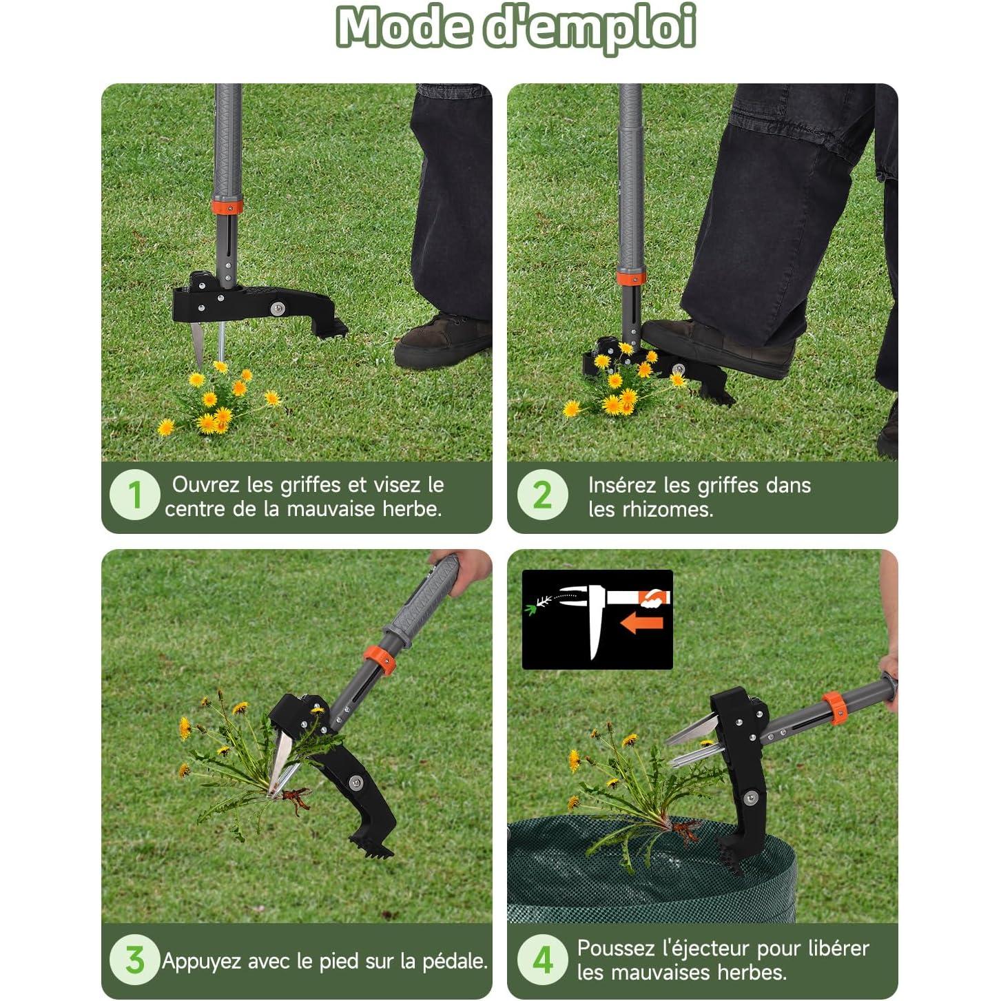 HAUSPROFI Weeder with telescopic handle (length 91 cm to 117 cm) + 50 litre garden bag, with 4 stainless steel claws, automatic return design