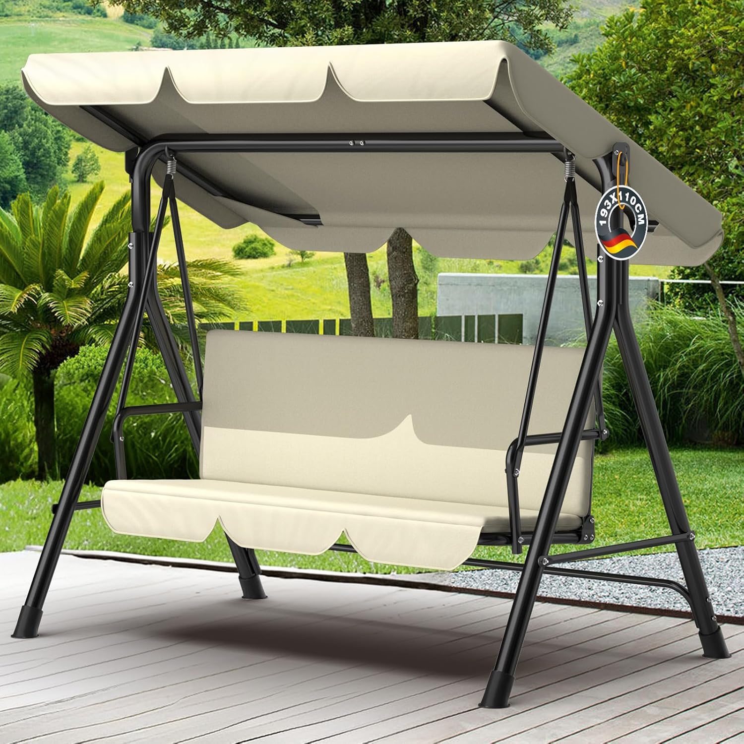 Ergonomic 3 Seater Swing Chair with Adjustable Roof, Garden Swing with Non-Slip Feet, Stable Metal Frame, Water Resistant, Outdoor Swing for Patio and Garden, Beige