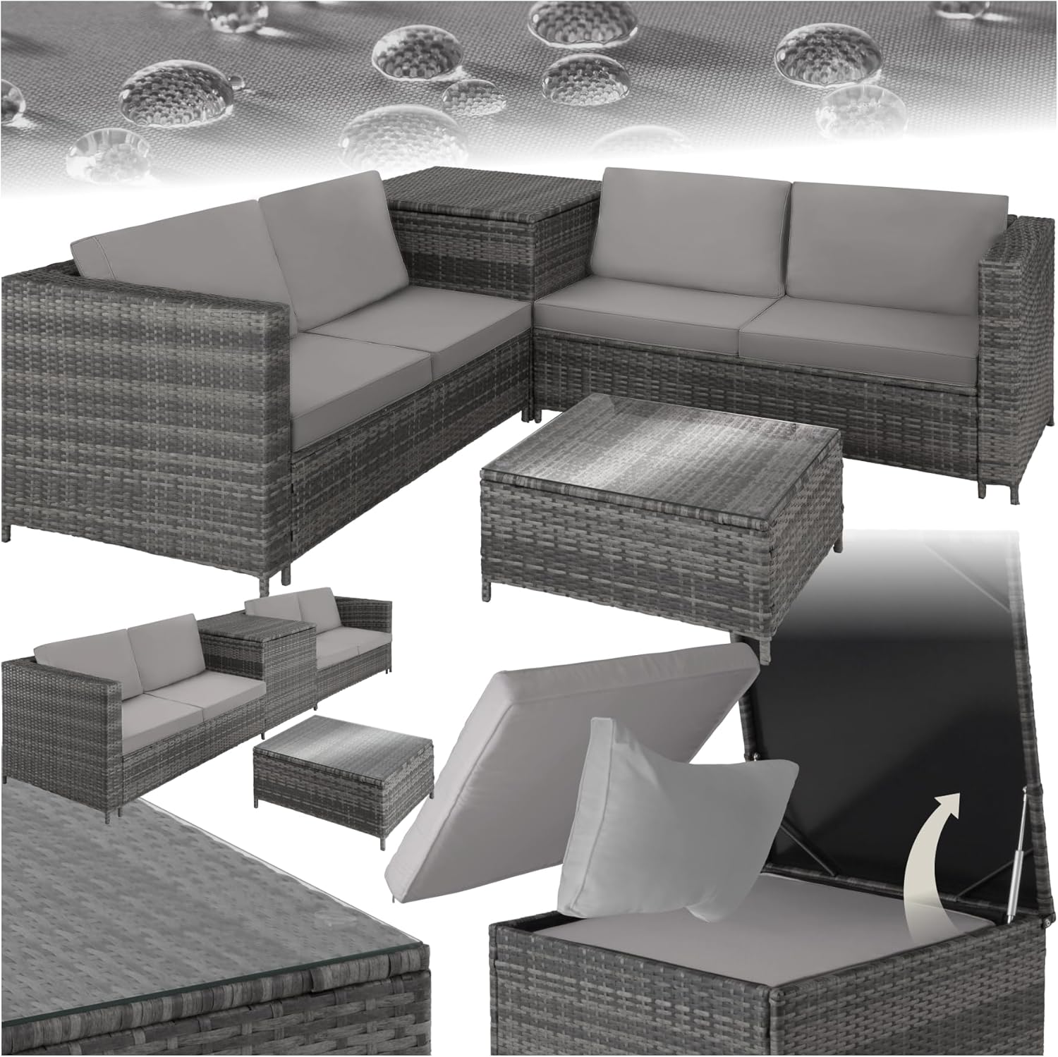 tectake Poly Rattan Outdoor Garden Furniture Set for 4 People, 2 Modular Sofas, Storage Chest and Glass Garden Table Included, Garden Furniture for Balcony