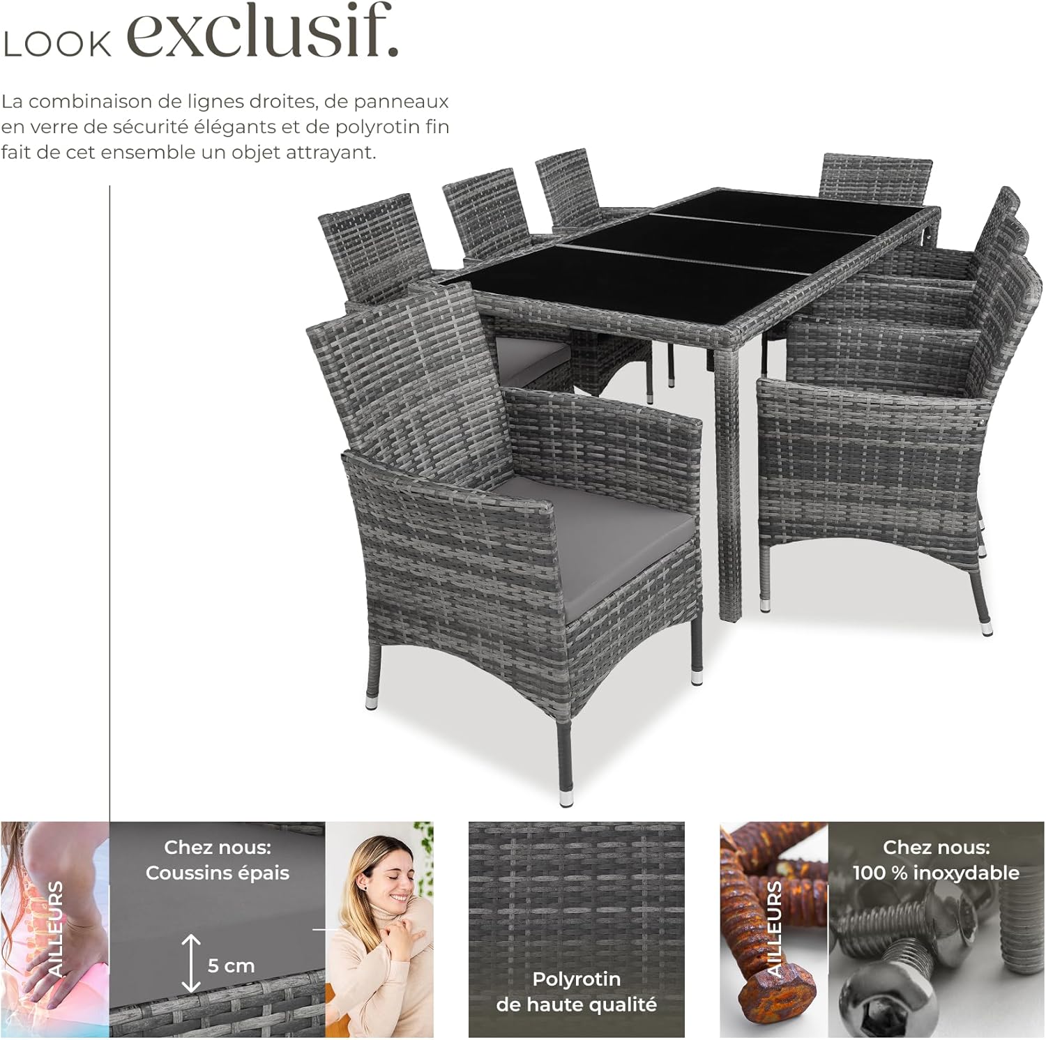 tectake Outdoor Poly Rattan Garden Furniture Set - Table, 8 Comfortable Armchairs, Protective Cover - Furniture for Balcony and Patio - Grey Mottled / Grey