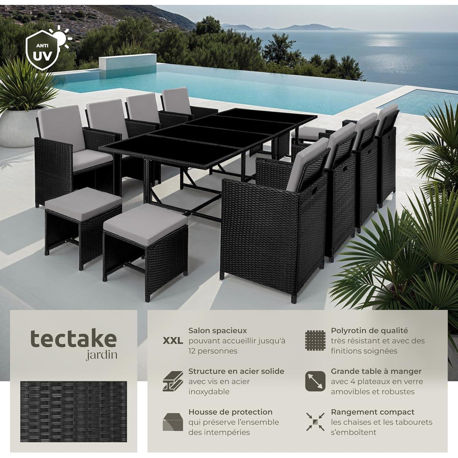 tectake Woven Resin Garden Furniture - Outdoor Dining Set - 8 Comfortable Chairs 4 Stools 1 Table - Furniture for Balcony Terrace - Black/Grey