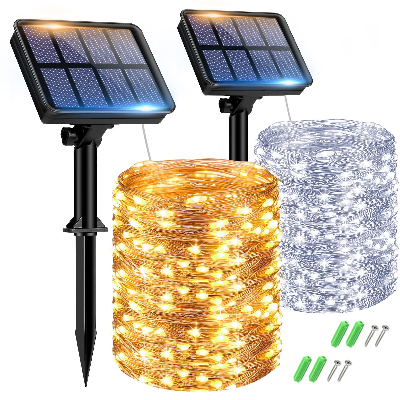 Set of 2 Solar String Lights Outdoor, Total 16 m, 160 LED, Waterproof, 8 Modes Decoration for Garden, Patio, Yard, Christmas, Wedding, Party, Warm White
