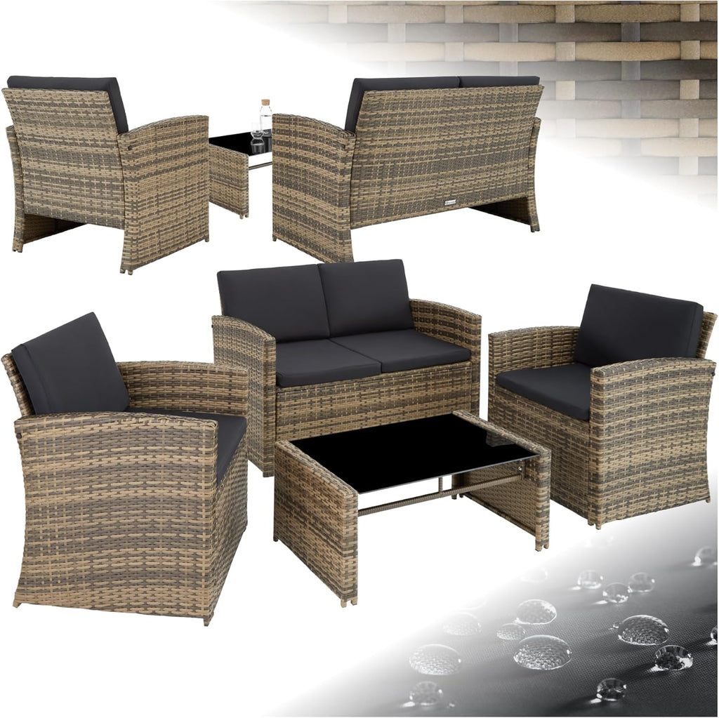 tectake 4 Seater Resin Outdoor Garden Furniture Set Garden Table, 1 Sofa, 2 Armchairs, Cushions Included, Garden Furniture - Natural Brown/Dark Grey