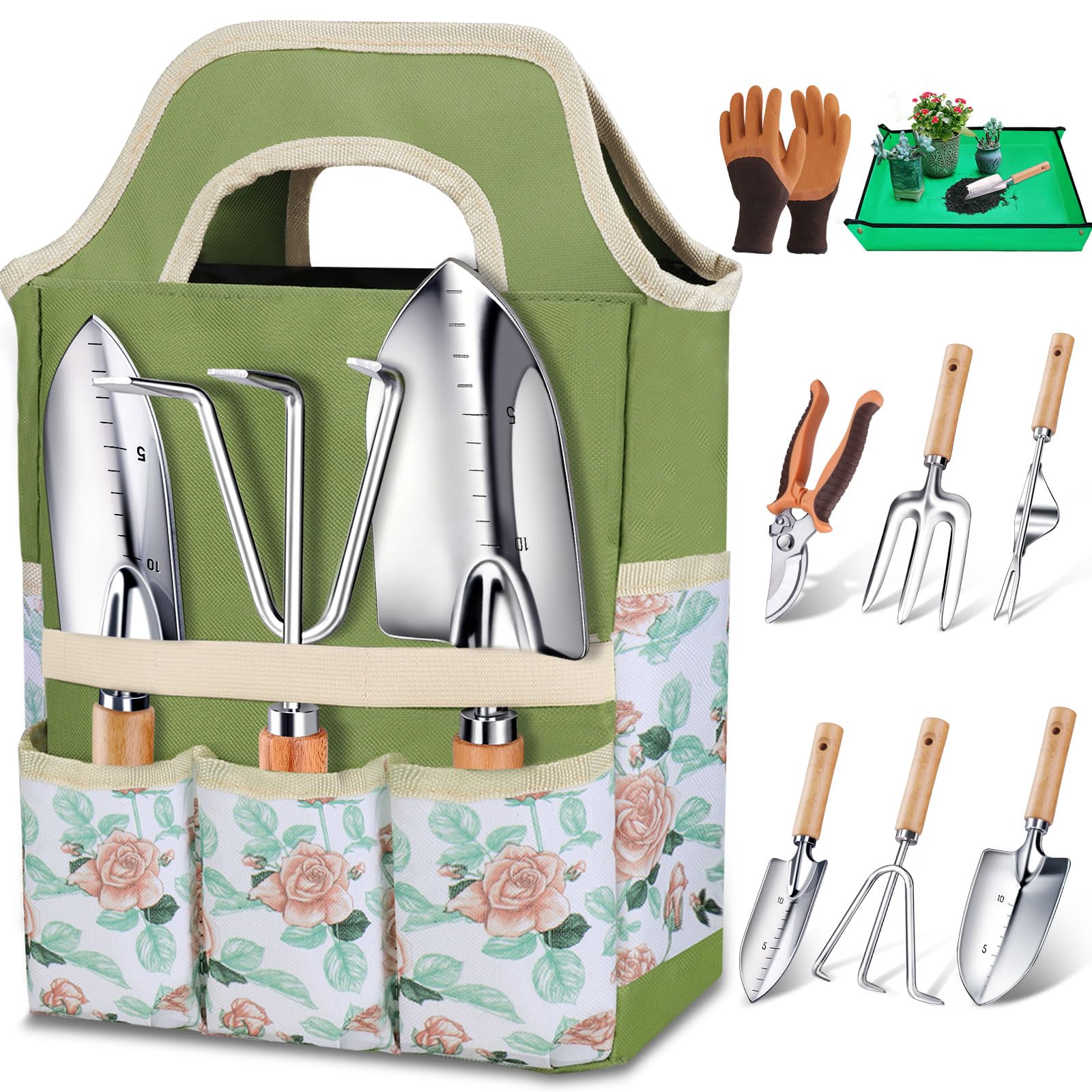 Kynup Gardening Tool Kit, 7 Piece Gardening Tool, Rust Resistant Garden Gift Set with Durable Storage Tote, Ideal Gardening Gifts for Women and Men