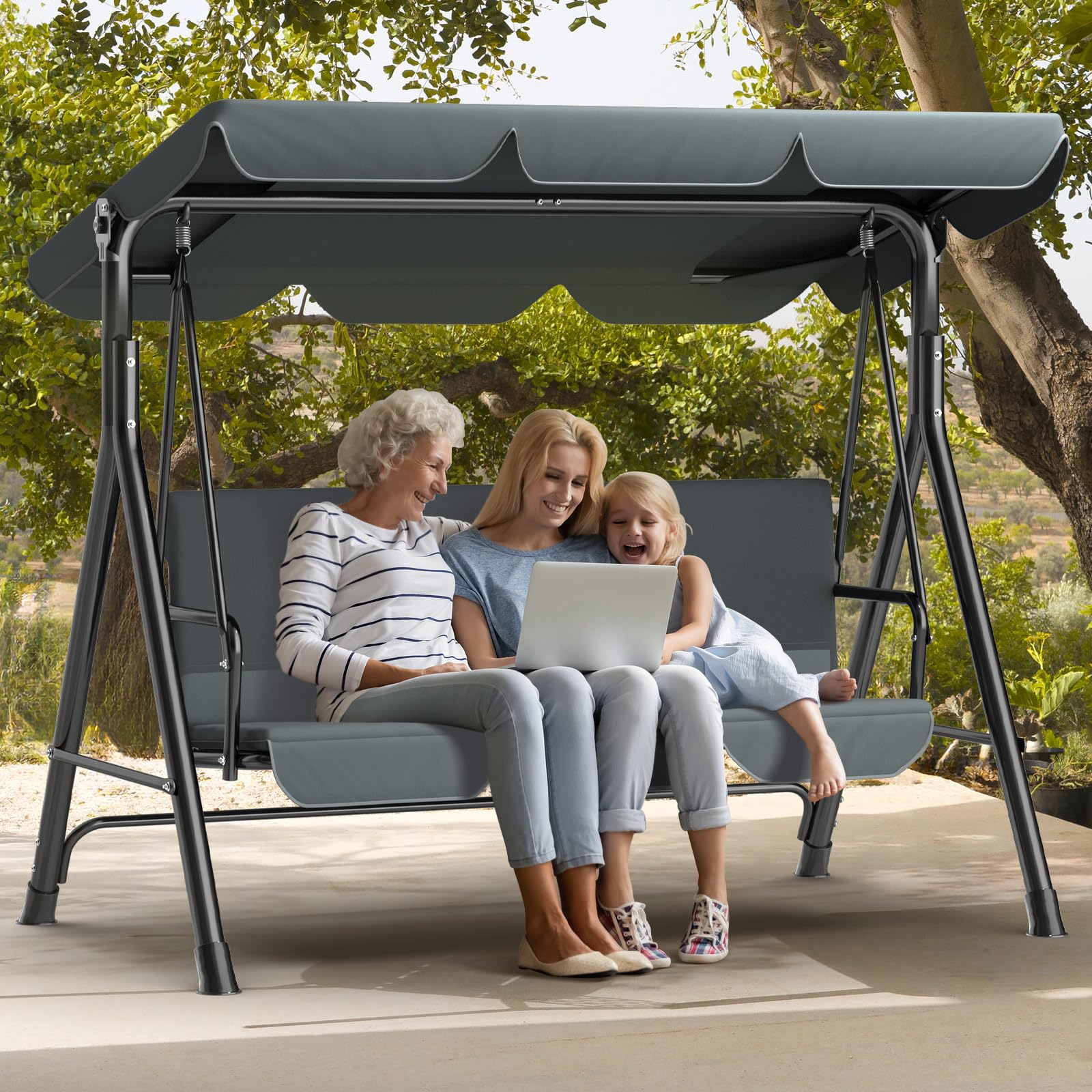 Ergonomic 3 Seater Swing Chair with Adjustable Roof, Garden Swing with Non-Slip Feet, Stable Metal Frame, Water Resistant, Outdoor Swing for Patio and Garden, Beige