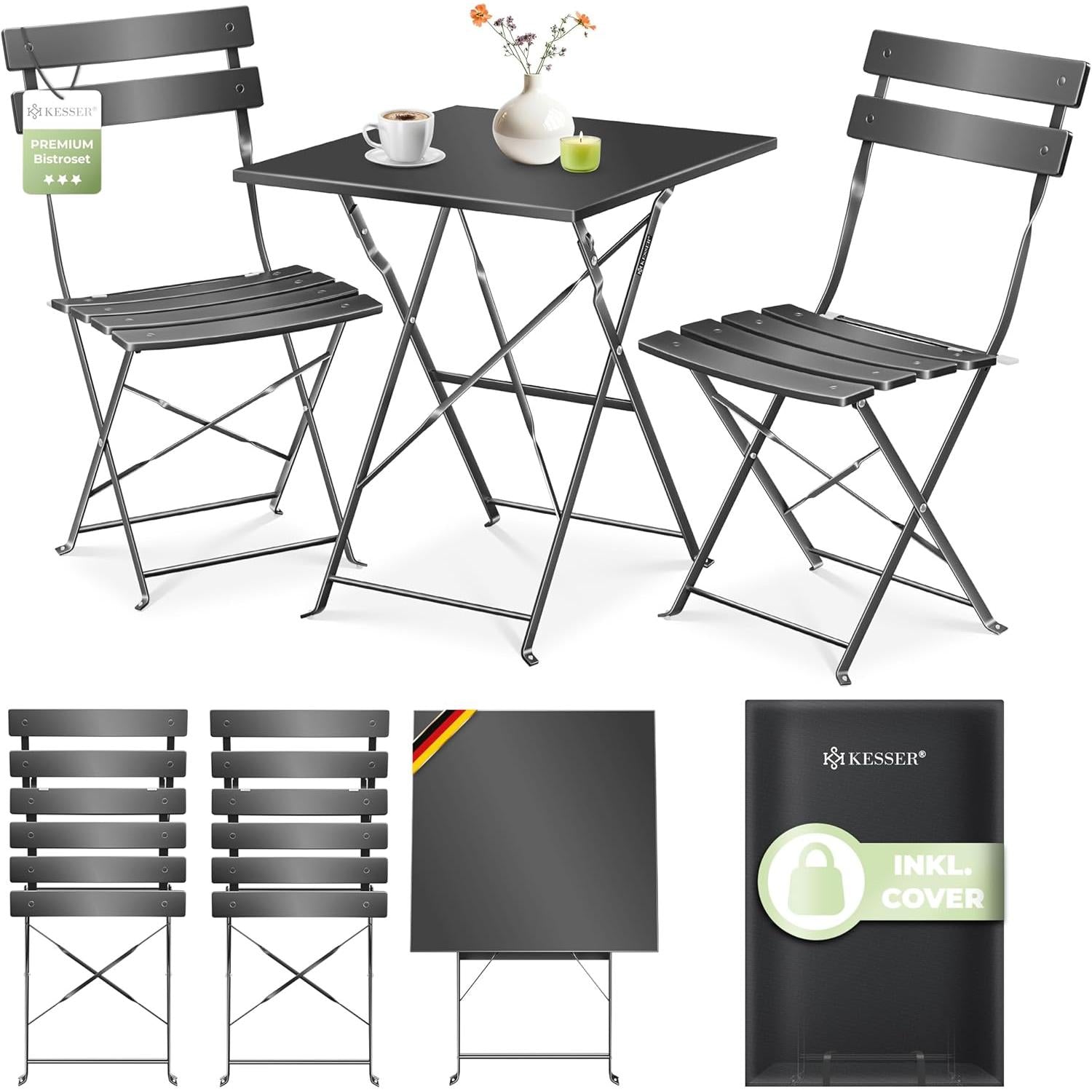 KESSER Bistro Set 3 Piece Table and 2 Folding Chairs | Outdoor Garden Furniture Table UV and Weather Resistant | Balcony Set