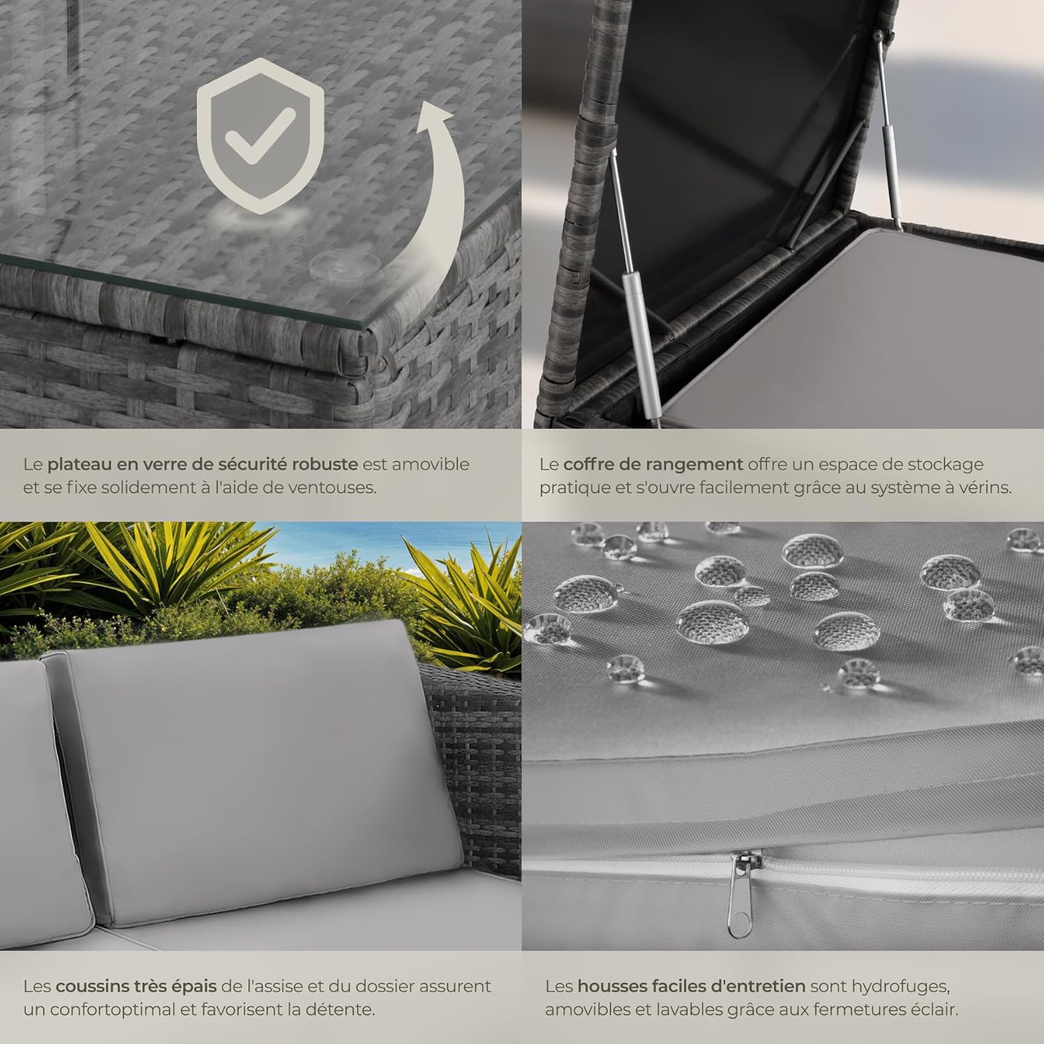 tectake Poly Rattan Outdoor Garden Furniture Set for 4 People, 2 Modular Sofas, Storage Chest and Glass Garden Table Included, Garden Furniture for Balcony