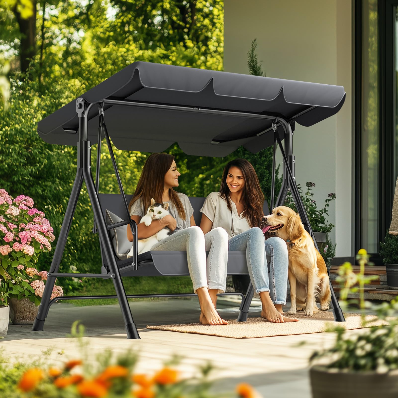 Ergonomic 3 Seater Swing Chair with Adjustable Roof, Garden Swing with Non-Slip Feet, Stable Metal Frame, Water Resistant, Outdoor Swing for Patio and Garden, Beige