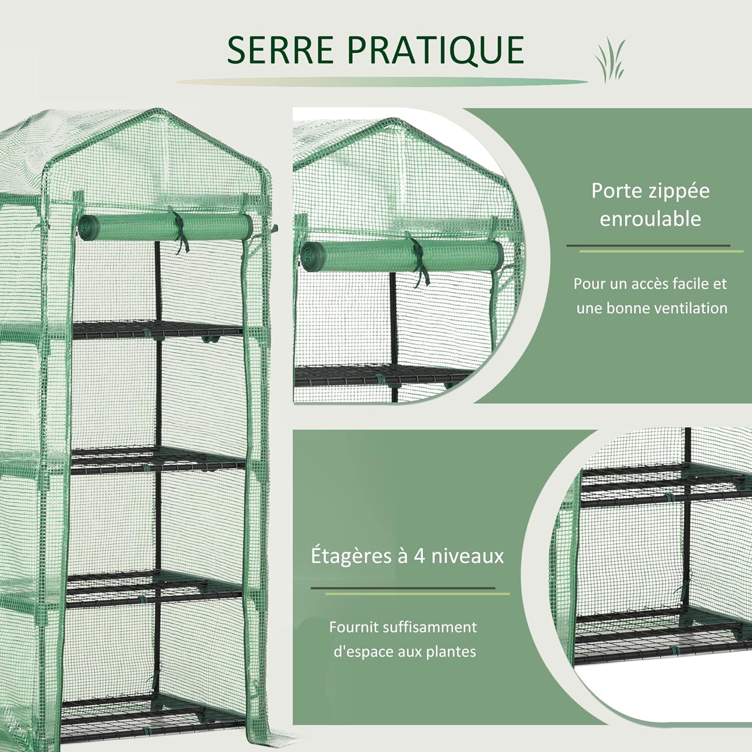 Outsunny PE Garden Greenhouse with Shelves 4 Levels, Balcony Greenhouse, Reinforced Tarpaulin 140 /m², Steel Frame, Roll-Up Zip Door, for Vegetables Plants, Indoor Outdoor, 70 x 50 x 160 cm, Green
