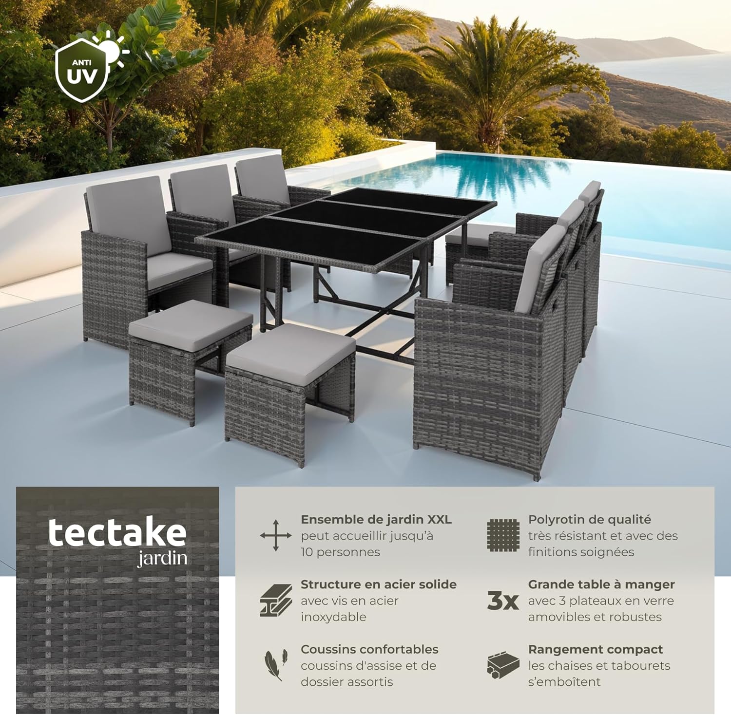 tectake Poly Rattan Outdoor Resin Woven Garden Furniture Table 10 Person 6 Rattan Chair 4 Recessed Pouffe Stool with Protective Cover, Easy Care
