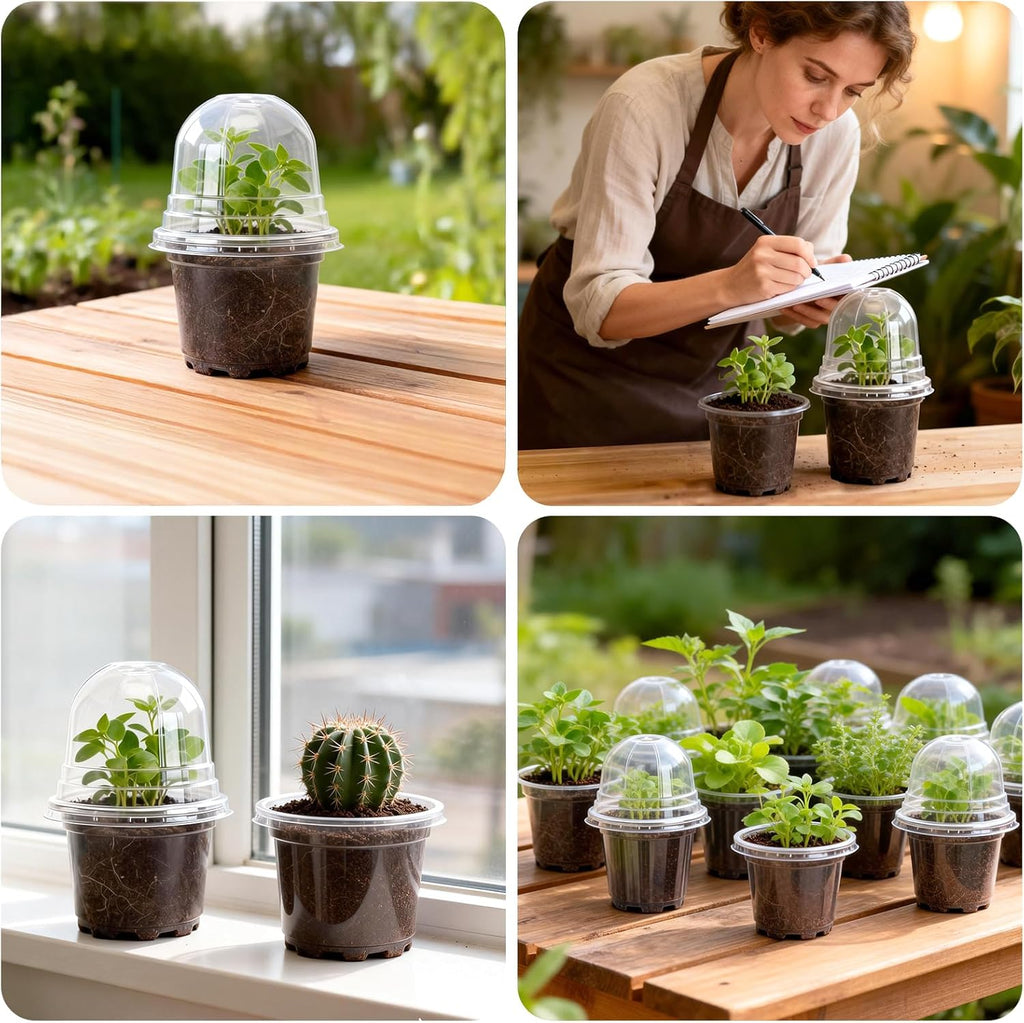 KINGLAKE 10 cm Plant Pot, 12 Plastic Flower Pots, Repotting Pots with Transparent Lid and 10 x Plant Labels, Planting Bucket – Transparent