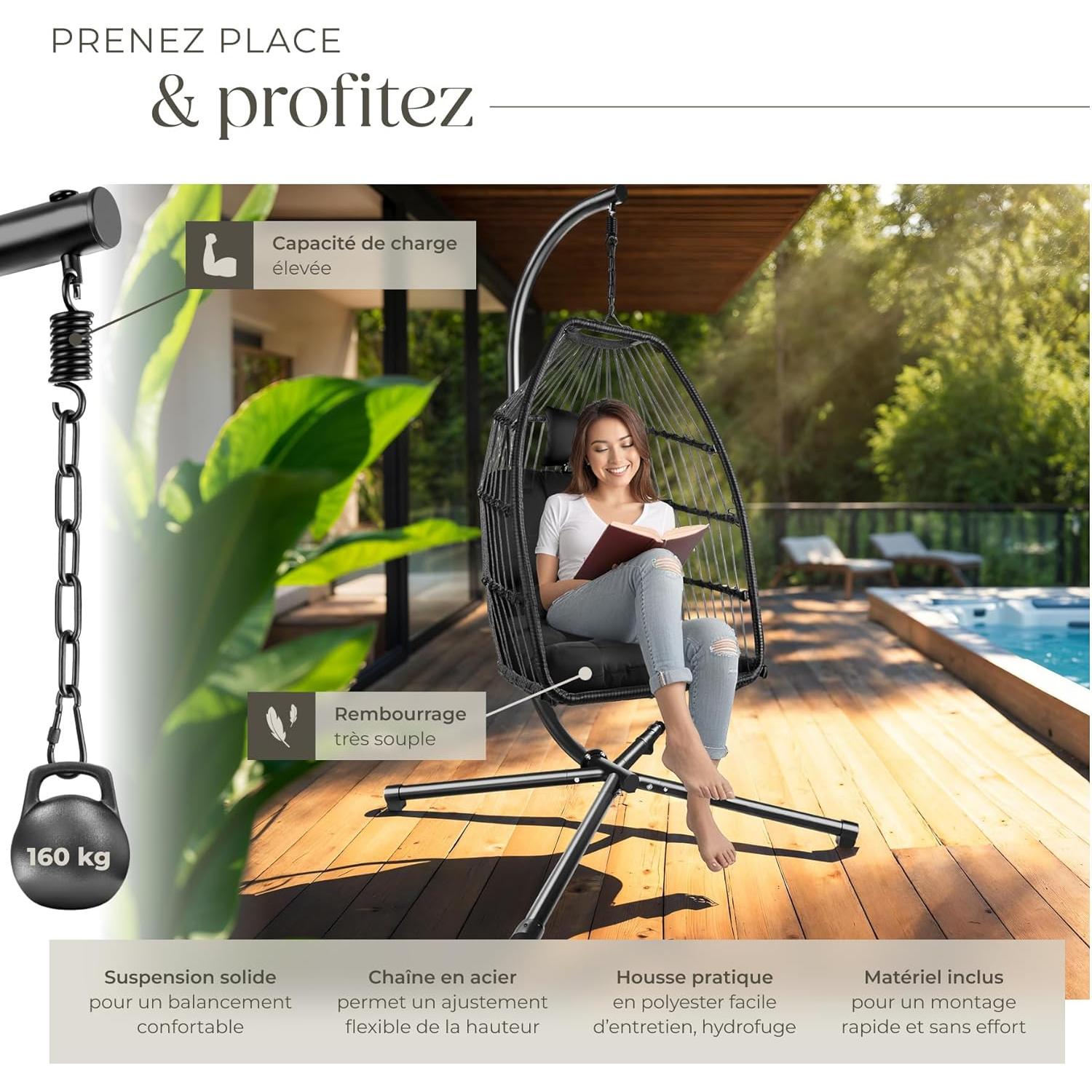 tectake Hanging Egg Hammock Chair Cocooning Swing Chair Comfortable Foldable Durable Relax Chair with Steel Frame & Thick Cushion