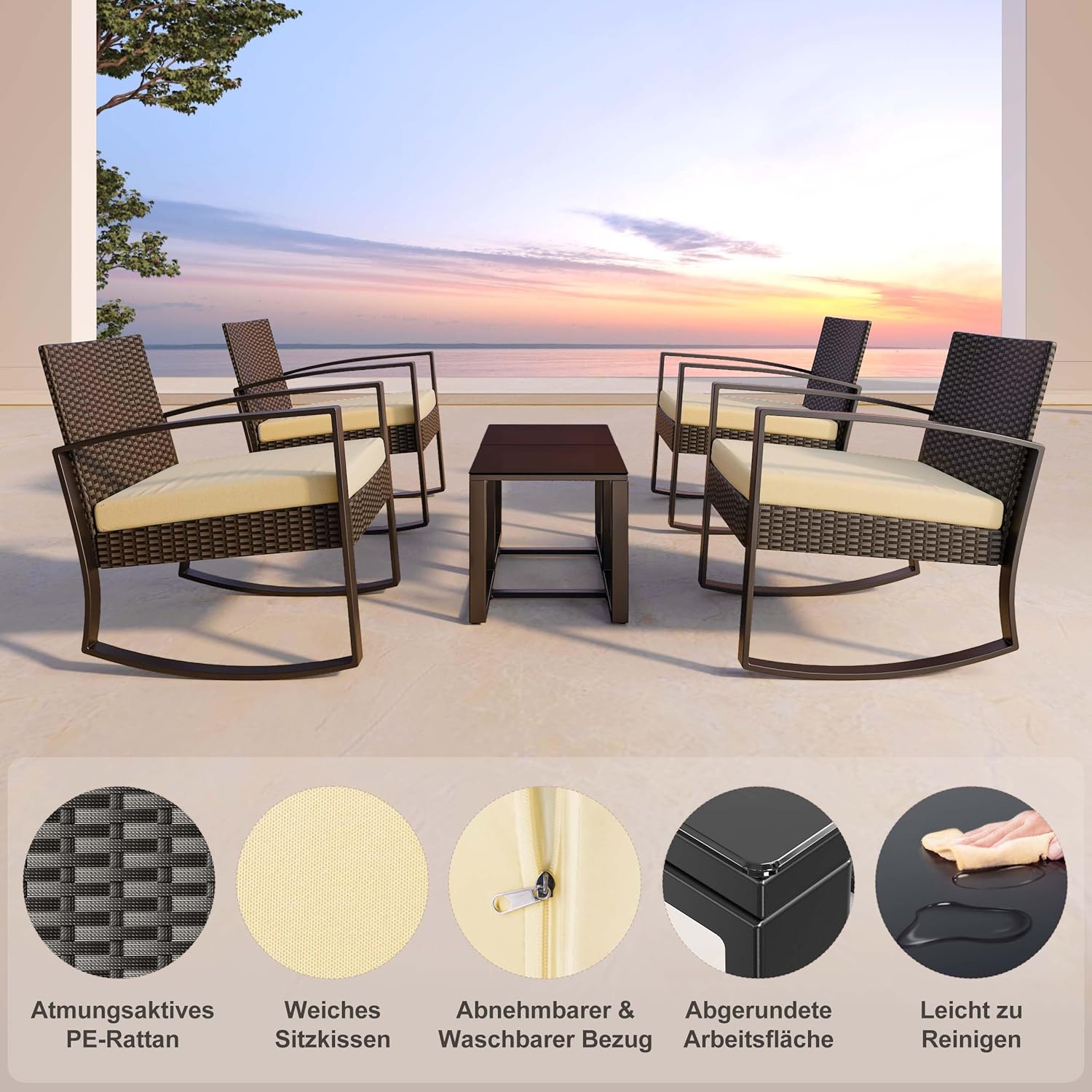 Bealife 3 Piece Garden Furniture Set with 2 Rocking Chairs and Coffee Table - Poly Rattan Chairs with Cushions Garden Furniture for Balcony Patio - Beige
