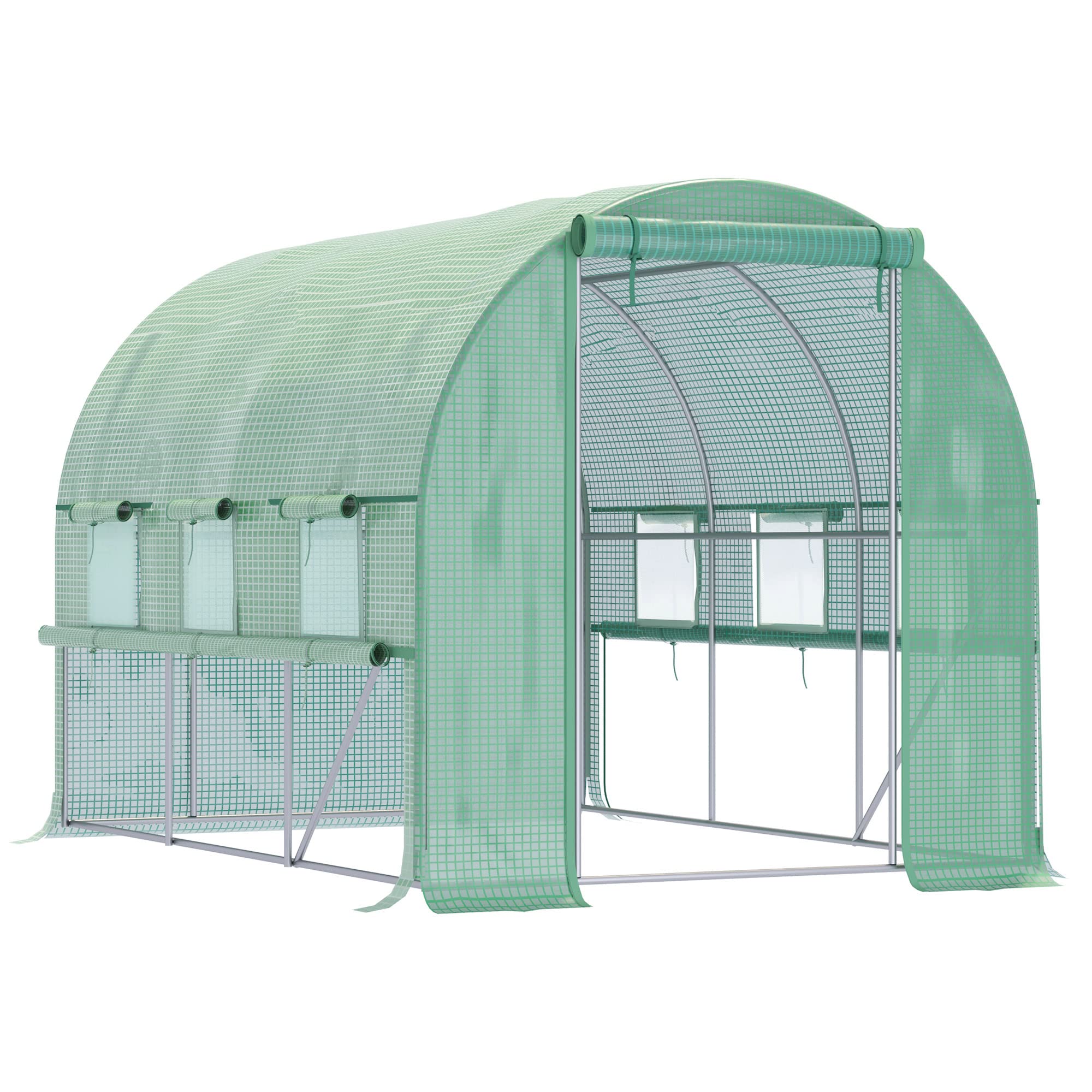 Outsunny Tunnel Garden Greenhouse, 6 m² Greenhouse Tunnel with 6 Windows and 1 Roll-Up Door, Polyethylene Canvas, Galvanised Steel Structure, White