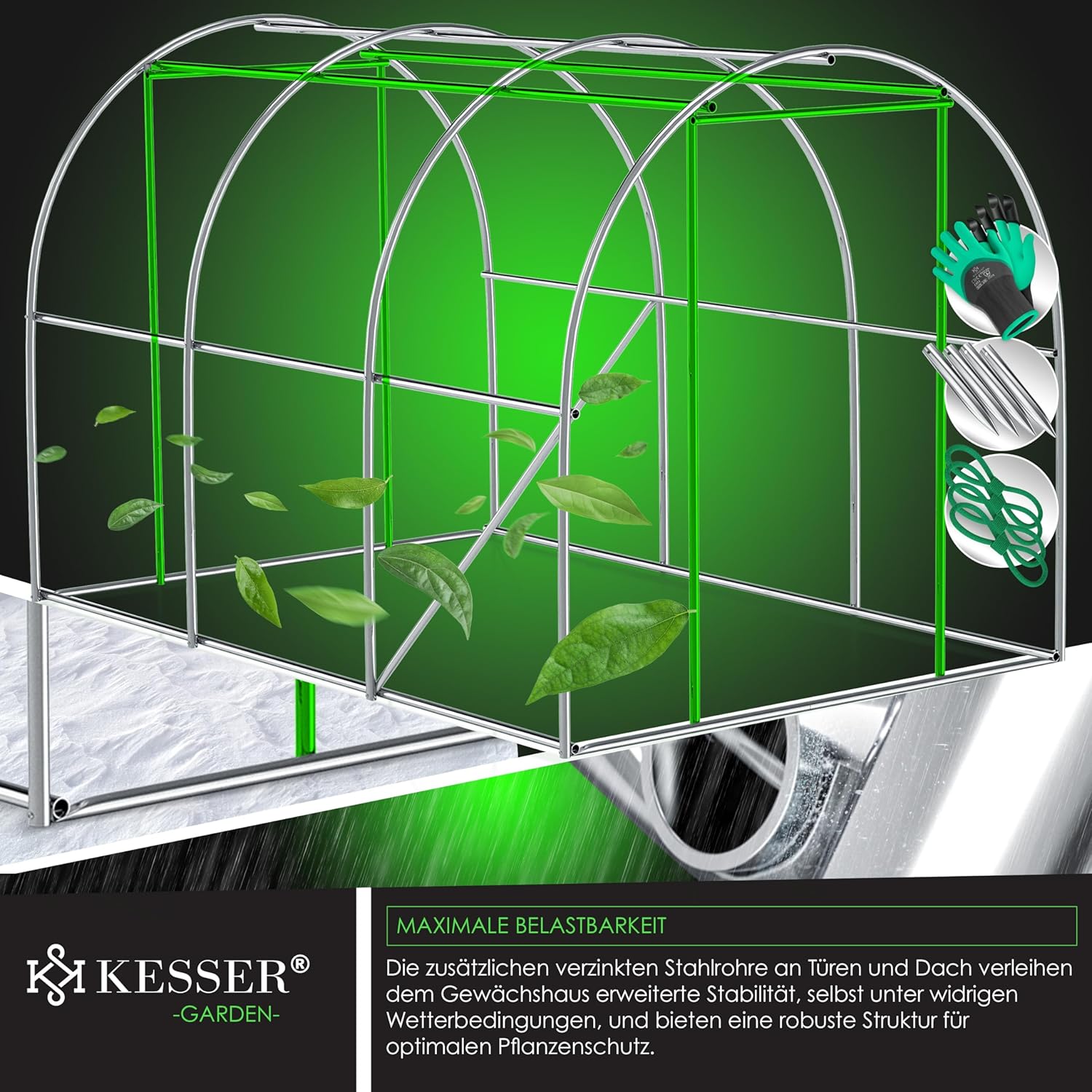 KESSER® Stable film greenhouse with 6 windows with mosquito net and door, garden tunnel with galvanised steel frame, 170 g/m² film tunnel with ground anchors, gloves and ropes, 200 x