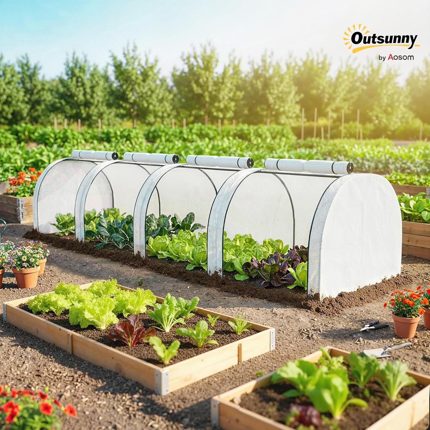 Outsunny Mini Garden Greenhouse Mini Greenhouse Tunnel Tomato Greenhouse 4 x 1 x 0.8 m High Density PE Steel 140 g/m² Anti-UV 4 Doors with Roll-Up Zip White