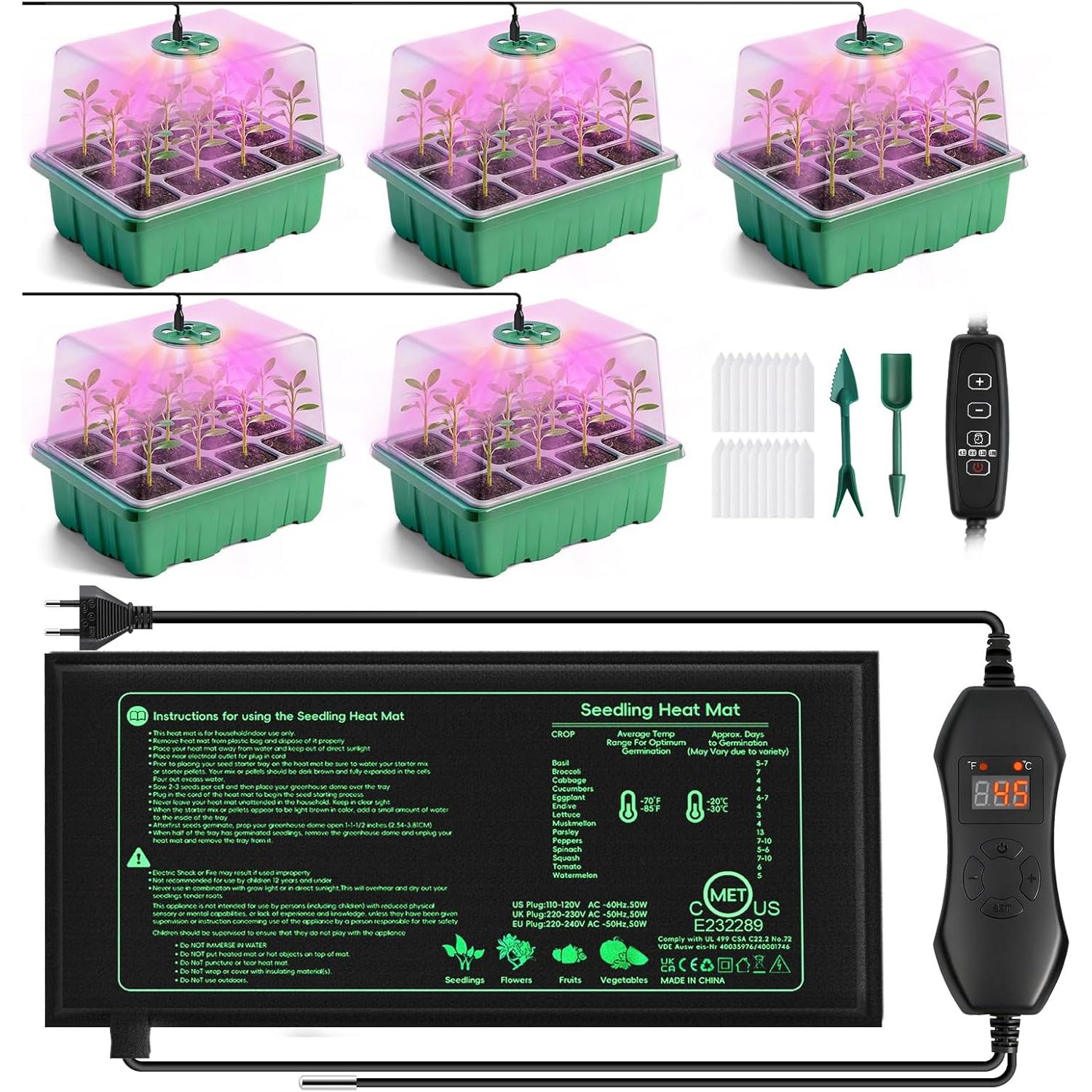 YAUNGEL Mini Greenhouse with Lamp for Plants Heating Mat, 5 Pieces Mini Greenhouse for Seedlings with Thermostat Adjustable Brightness, Thickened Greenhouse with Lid and Ventilation