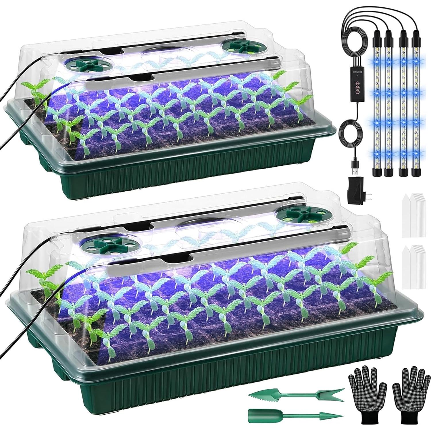 VEEKAY Greenhouse for Plants Kit, 2 Pieces 80Cells Seedling Tray, Greenhouse Grow Kit with LED Brightness, Adjustable Temperature and Humidity, with Plant Labels, Gardening Tools, Gloves