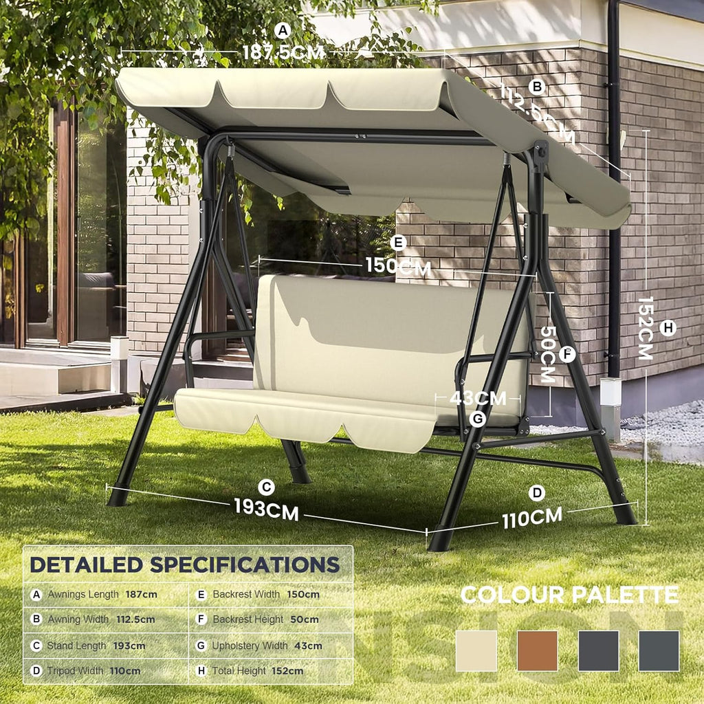 Ergonomic 3 Seater Swing Chair with Adjustable Roof, Garden Swing with Non-Slip Feet, Stable Metal Frame, Water Resistant, Outdoor Swing for Patio and Garden, Beige