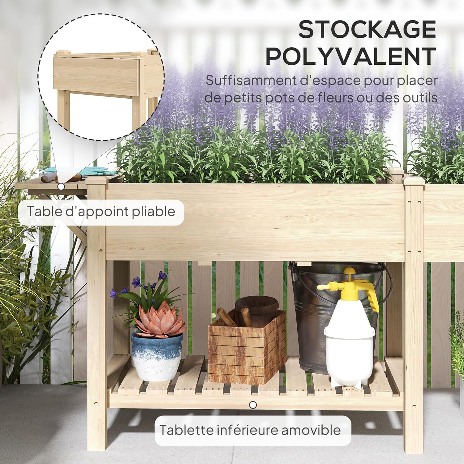 Outsunny Square Garden Planter on Legs, 2 Trays with Divider, Foldable Shelf and Lower Shelf, Wooden Raised Vegetable Garden for Flowers, 207 x 59 x 78 cm, Natural Wood