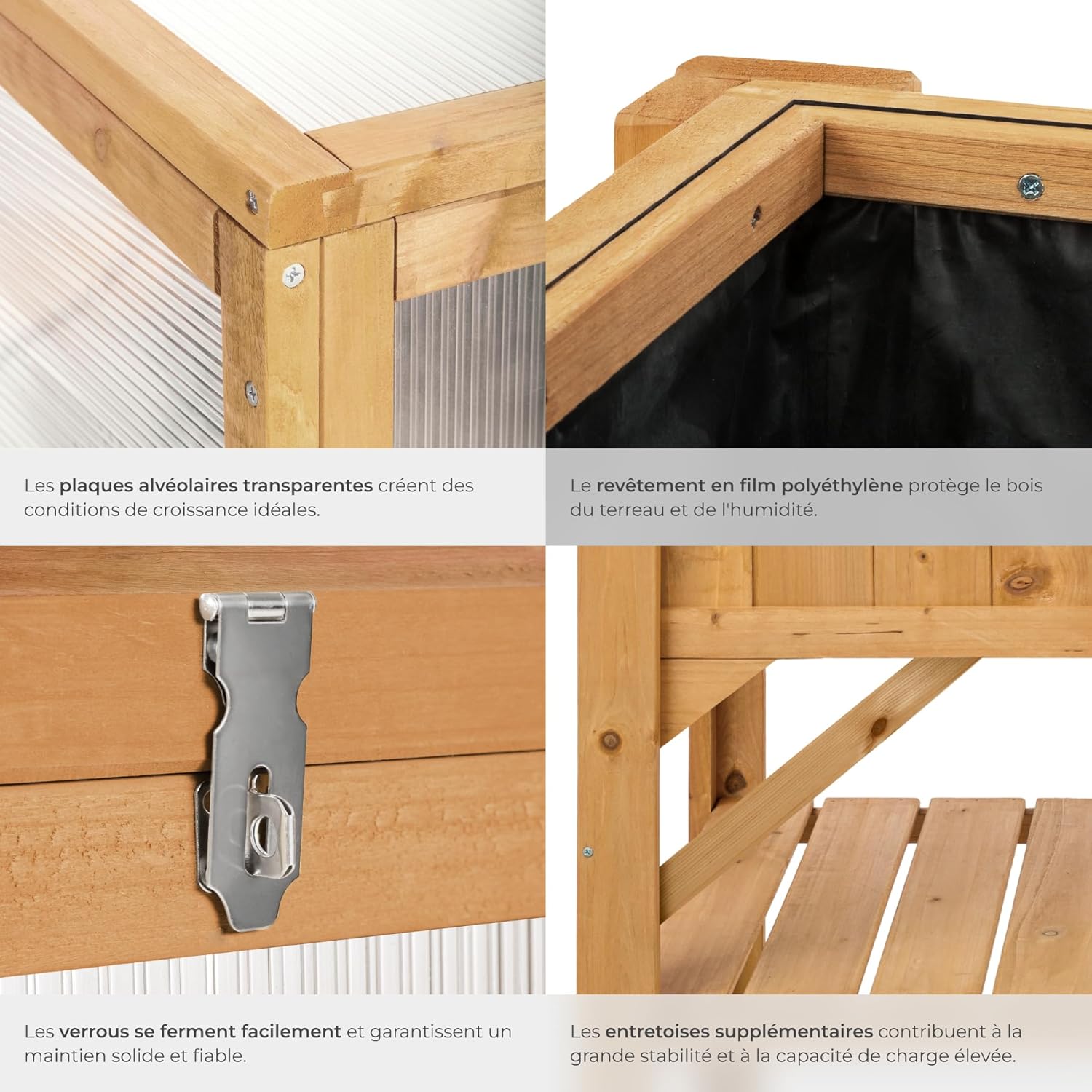 tectake Square Garden Vegetable Garden on Raised Wooden Stand, Wooden Planter Seedling Tray with Storage for Tools, Mini Greenhouse Frame Included – 119 x 57 x 90 cm