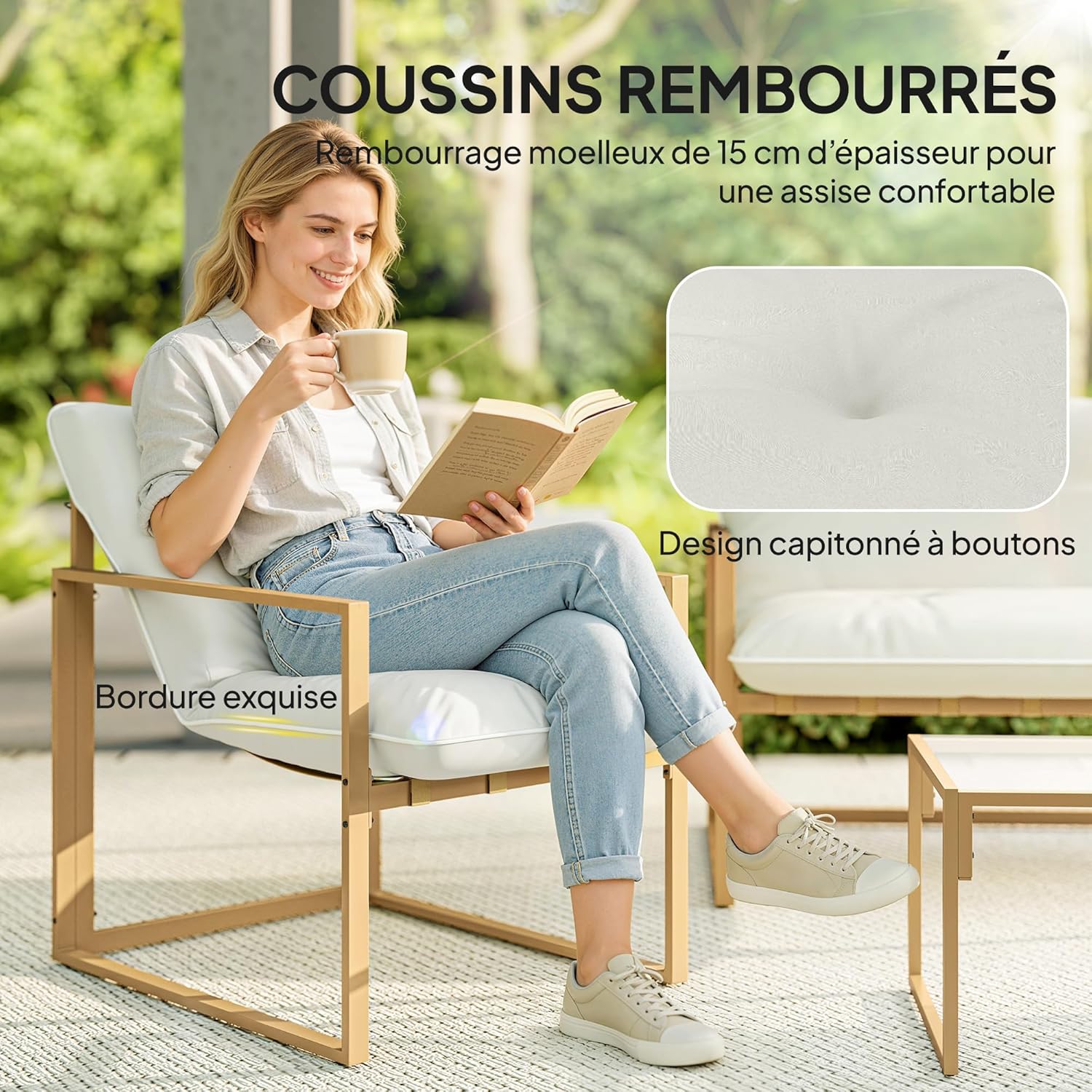 Outsunny 4 Piece Outdoor Garden Furniture Set with Cushions Extra Thick 15 cm - Garden Furniture and Low Lounge Set for Patio - 2 Seater Sofa with Coffee Table and 2 Armchairs, Khaki Steel Frame