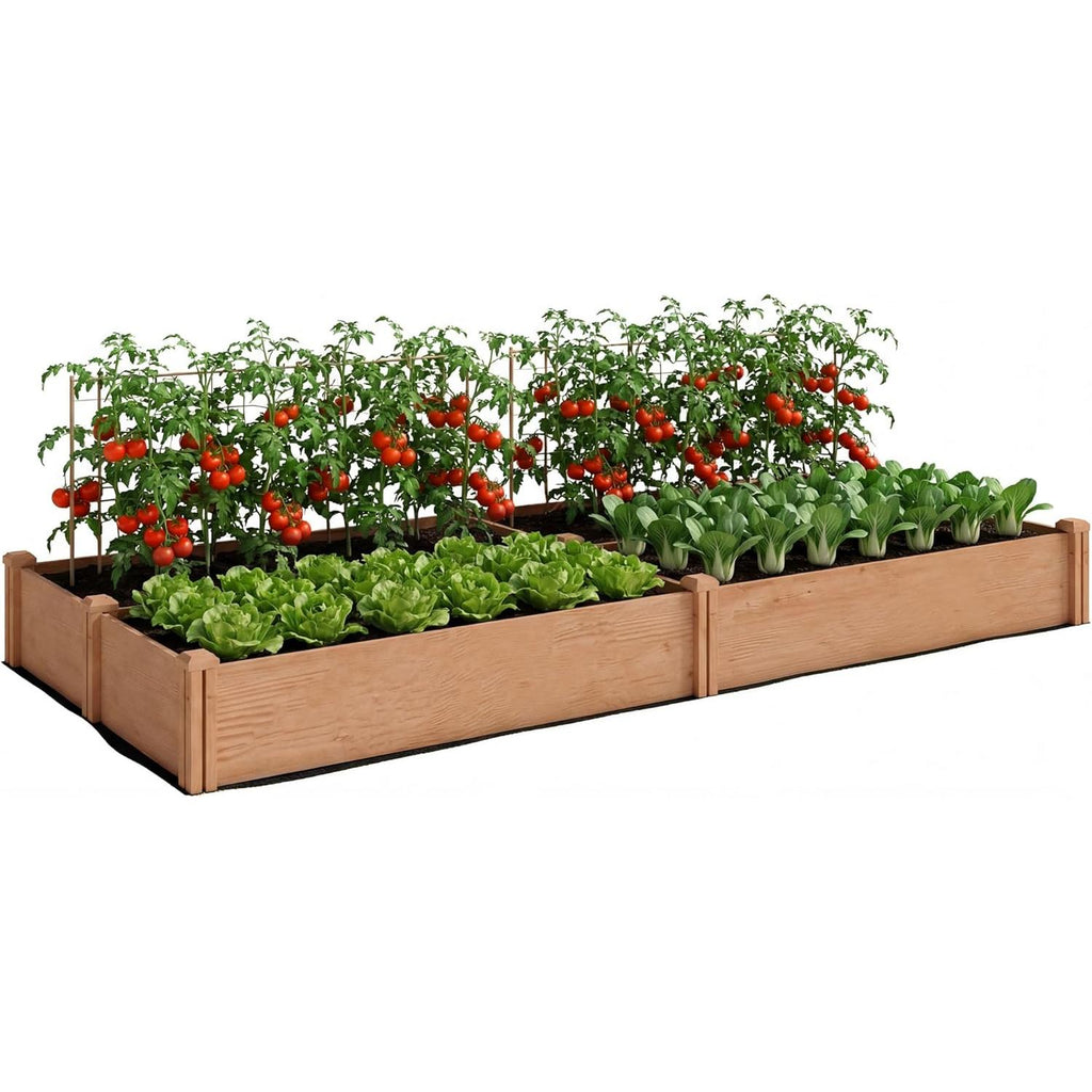 Outsunny Square Wooden Vegetable Garden 234 x 109 x 25 cm – Raised Garden Bed with 4 Growing Zones – Open Bottom Outdoor Planter with No Tools Assembly for Vegetables, Flowers, Light Brown